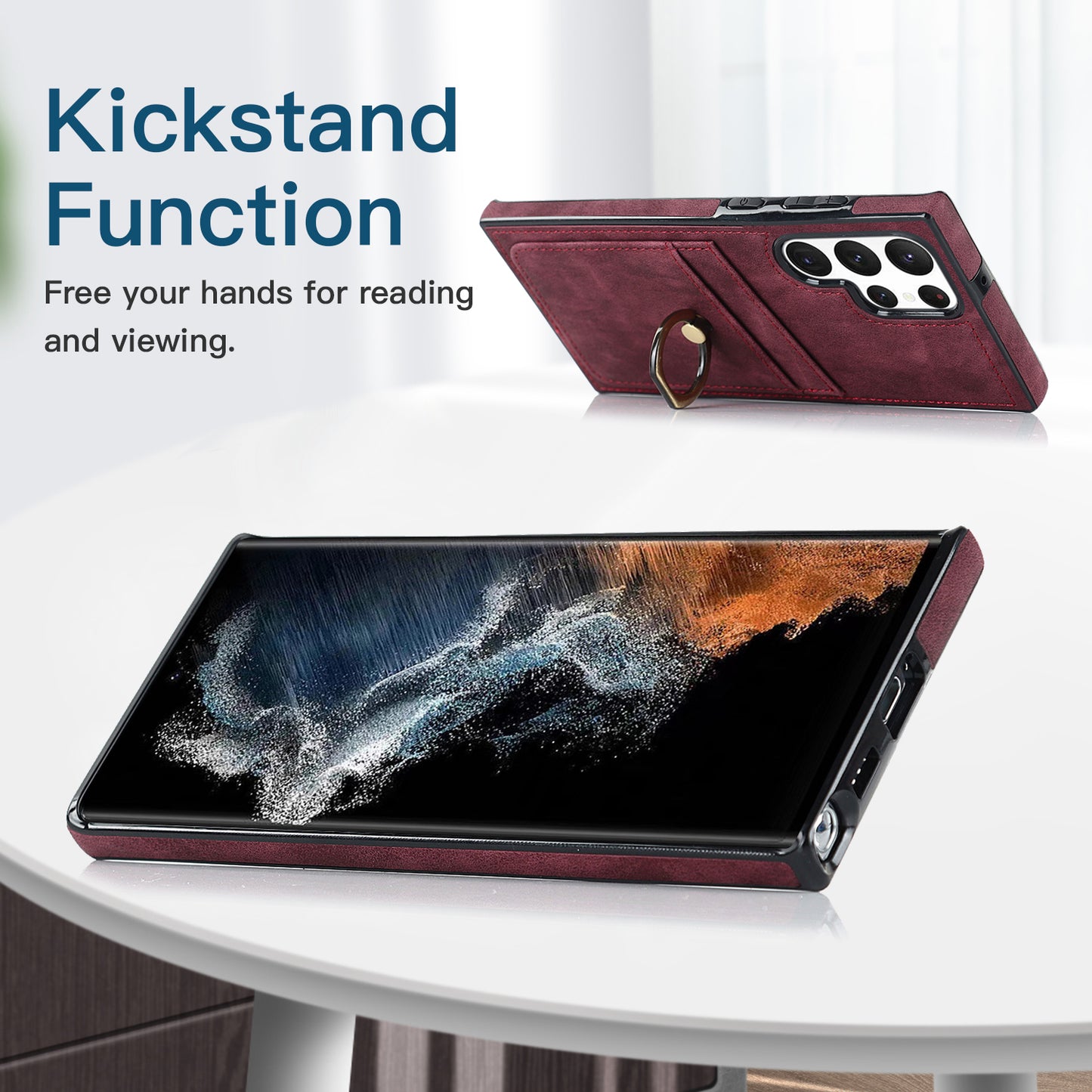For Samsung Galaxy S24 Ultra Cell Phone Case Ring Kickstand PU Leather Coated TPU Cover - Wine Red
