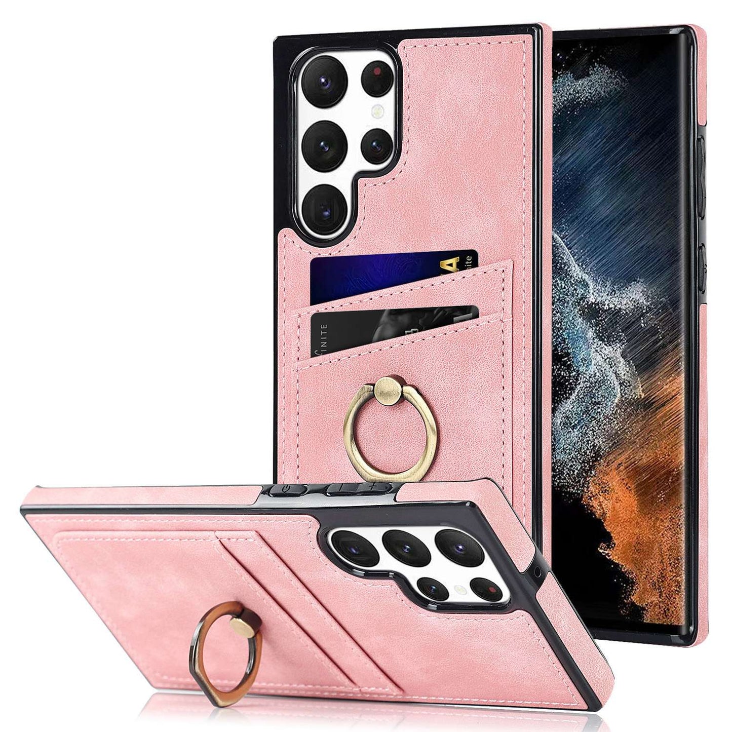 For Samsung Galaxy S24 Ultra Cell Phone Case Ring Kickstand PU Leather Coated TPU Cover - Pink