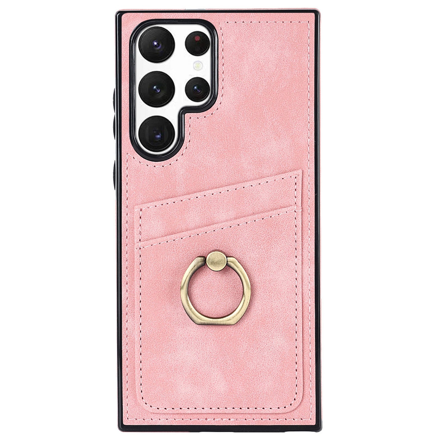 For Samsung Galaxy S24 Ultra Cell Phone Case Ring Kickstand PU Leather Coated TPU Cover - Pink