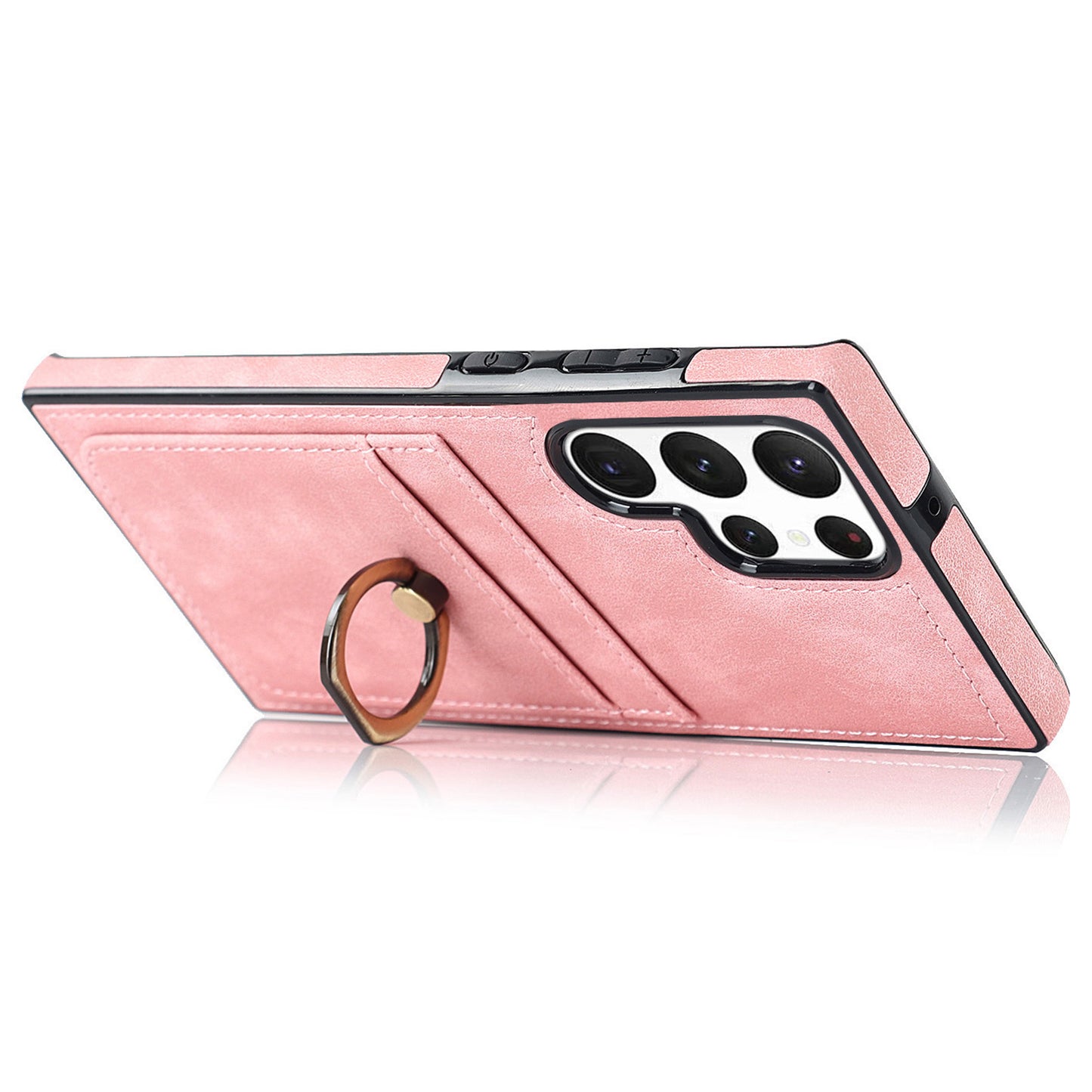 For Samsung Galaxy S24 Ultra Cell Phone Case Ring Kickstand PU Leather Coated TPU Cover - Pink