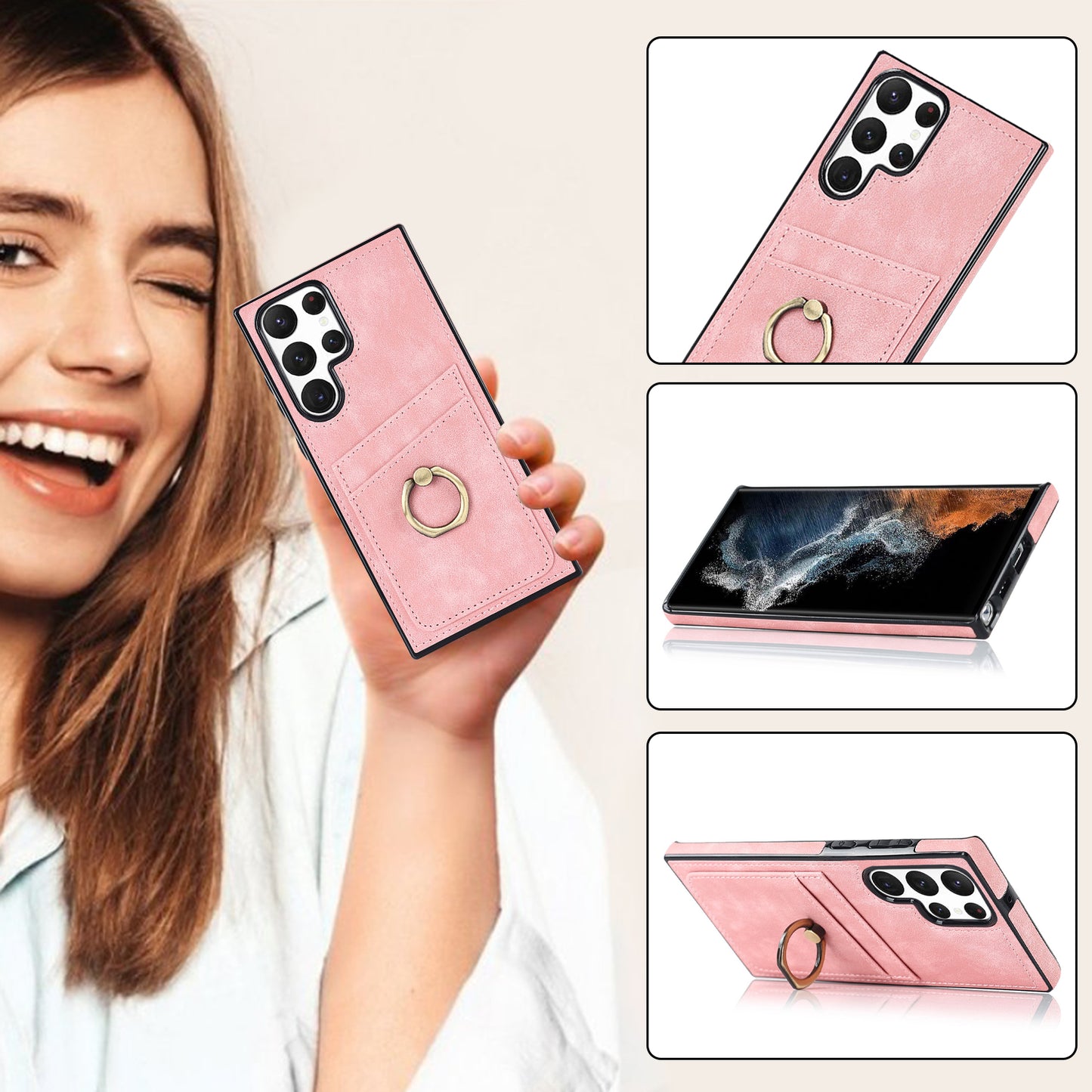 For Samsung Galaxy S24 Ultra Cell Phone Case Ring Kickstand PU Leather Coated TPU Cover - Pink