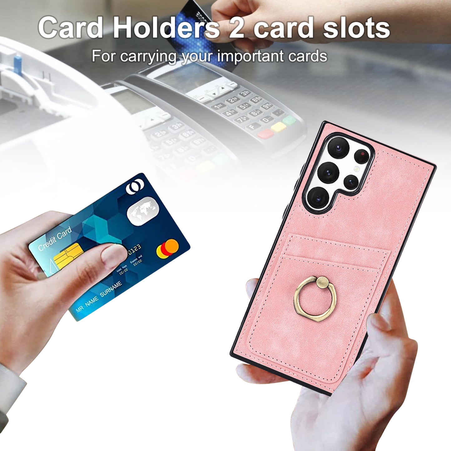 For Samsung Galaxy S24 Ultra Cell Phone Case Ring Kickstand PU Leather Coated TPU Cover - Pink