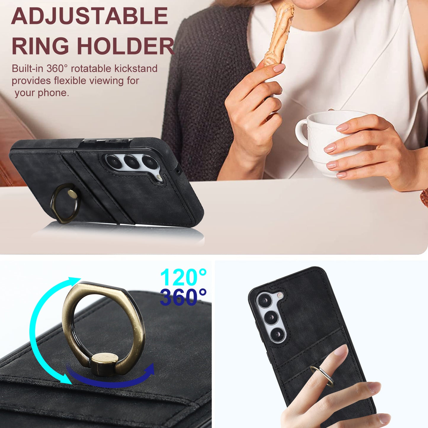 For Samsung Galaxy S24+ Case Anti-drop PU Leather Coated TPU Shell with Rotating Ring Kickstand - Black