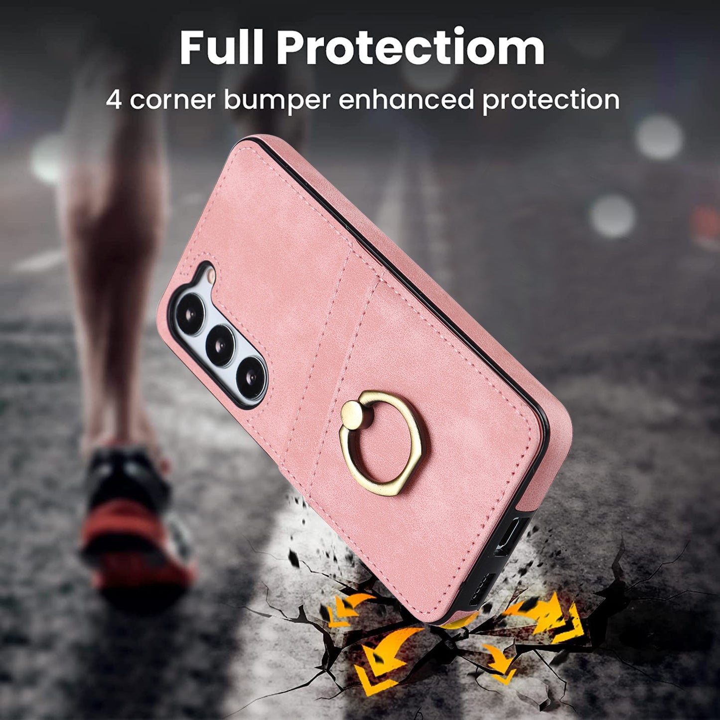 For Samsung Galaxy S24+ Case Anti-drop PU Leather Coated TPU Shell with Rotating Ring Kickstand - Pink
