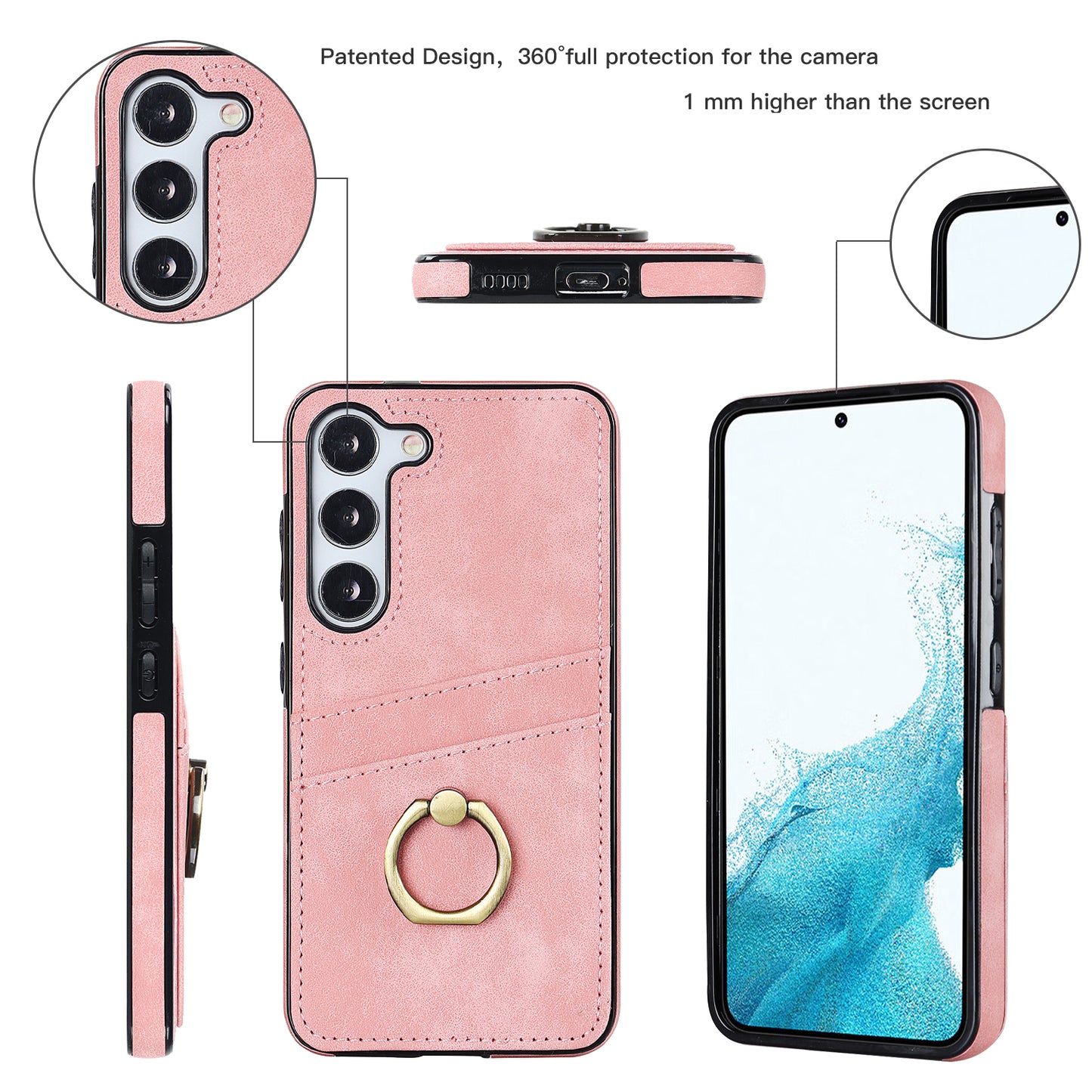 For Samsung Galaxy S24+ Case Anti-drop PU Leather Coated TPU Shell with Rotating Ring Kickstand - Pink
