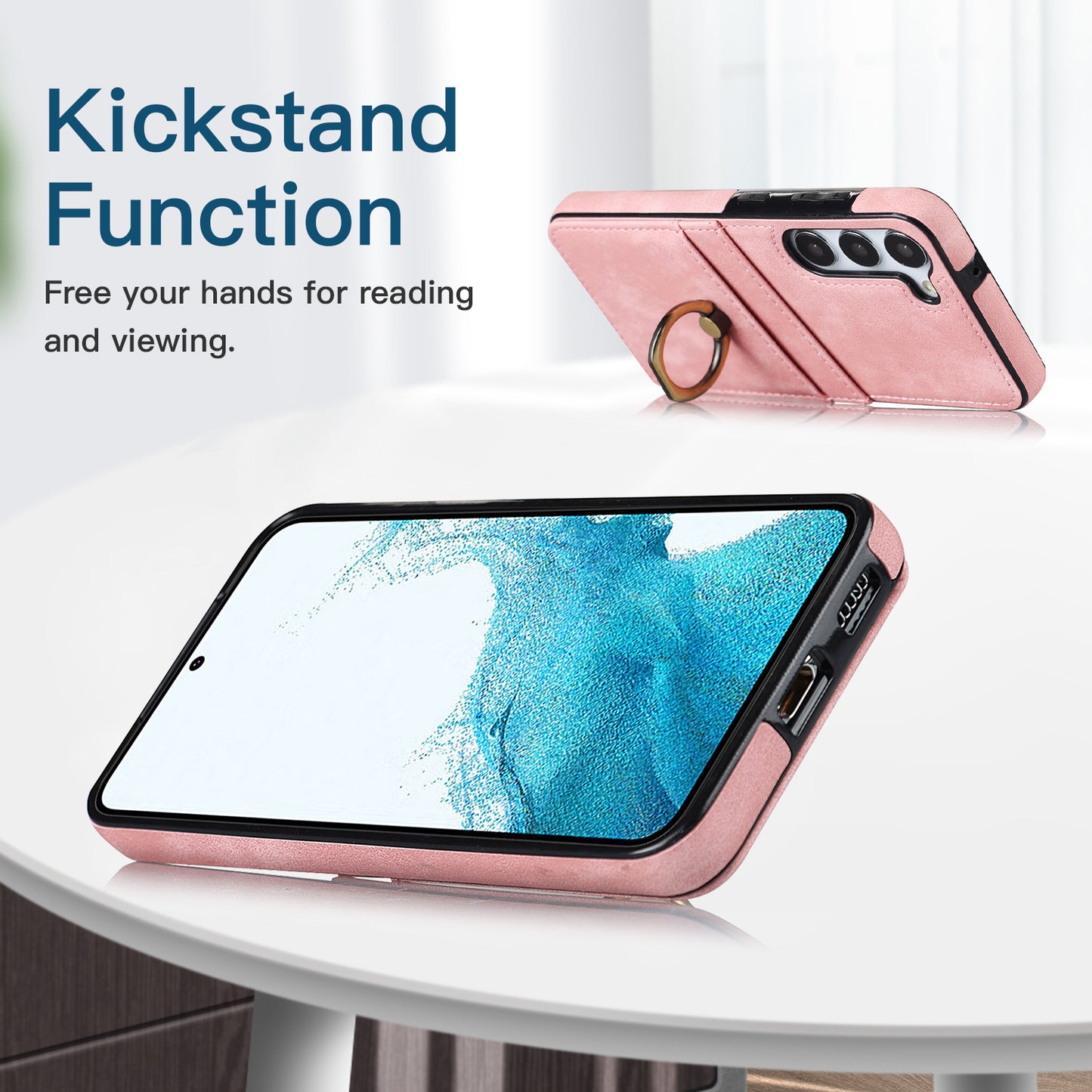 For Samsung Galaxy S24+ Case Anti-drop PU Leather Coated TPU Shell with Rotating Ring Kickstand - Pink