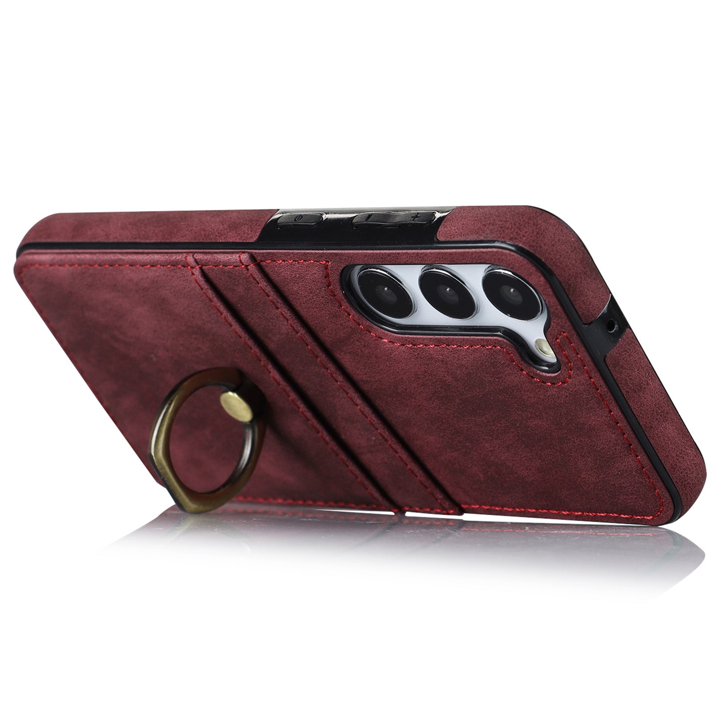 For Samsung Galaxy S24+ Case Anti-drop PU Leather Coated TPU Shell with Rotating Ring Kickstand - Wine Red