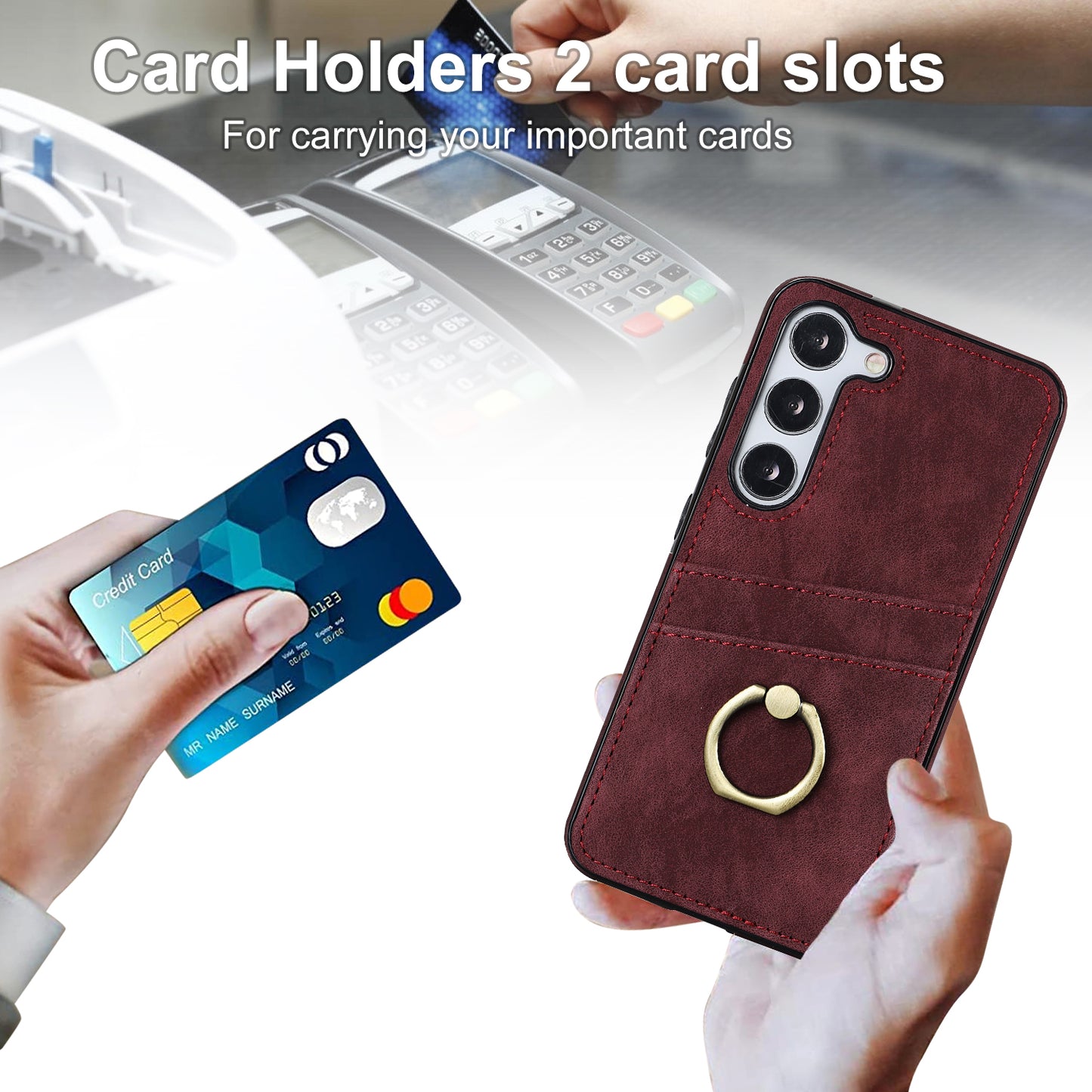 For Samsung Galaxy S24+ Case Anti-drop PU Leather Coated TPU Shell with Rotating Ring Kickstand - Wine Red