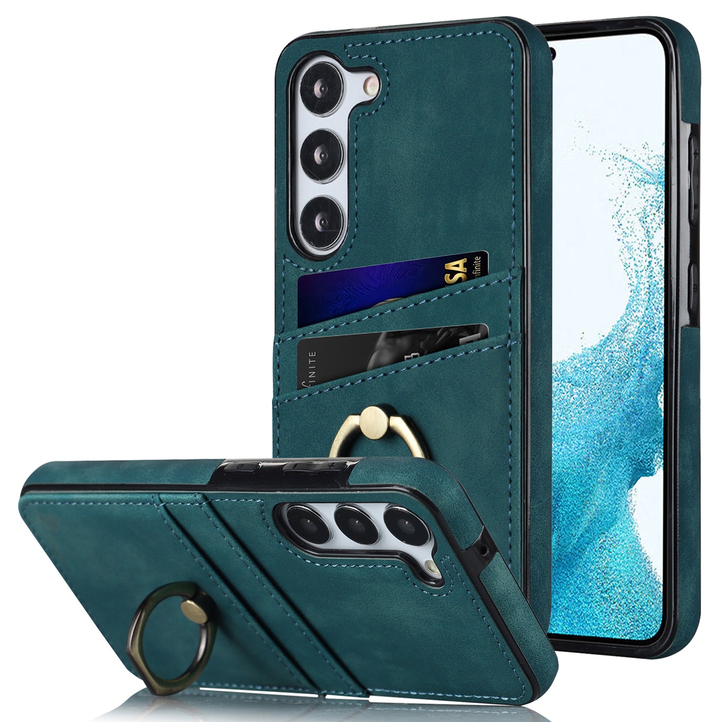 For Samsung Galaxy S24+ Case Anti-drop PU Leather Coated TPU Shell with Rotating Ring Kickstand - Green