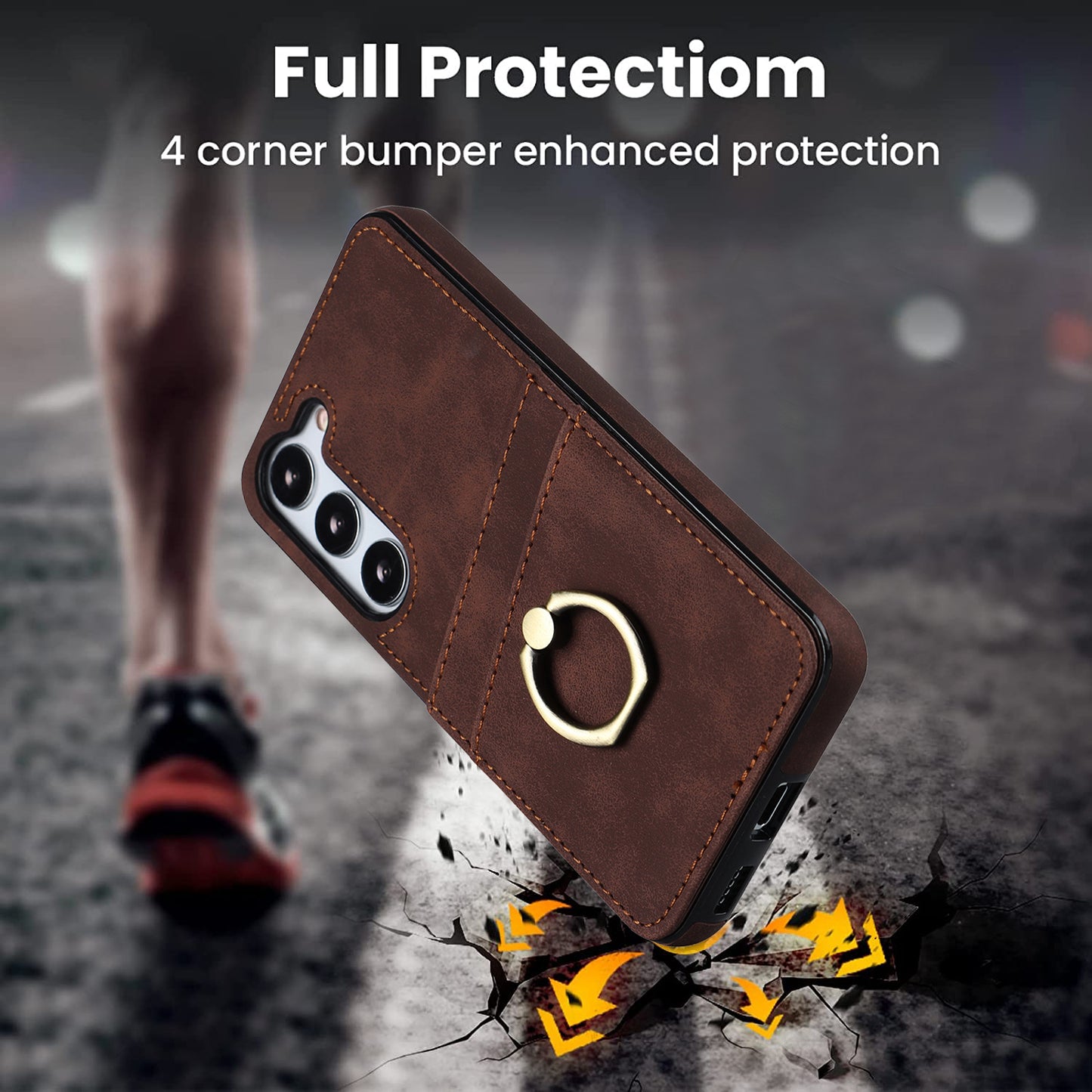 For Samsung Galaxy S24+ Case Anti-drop PU Leather Coated TPU Shell with Rotating Ring Kickstand - Brown