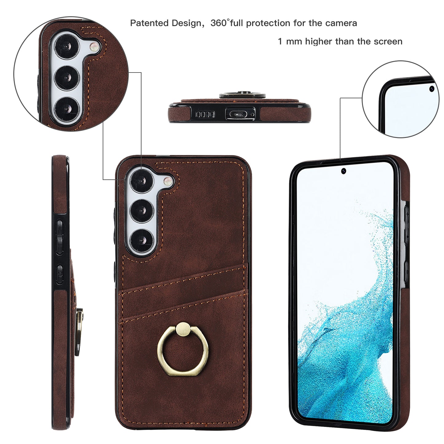 For Samsung Galaxy S24+ Case Anti-drop PU Leather Coated TPU Shell with Rotating Ring Kickstand - Brown