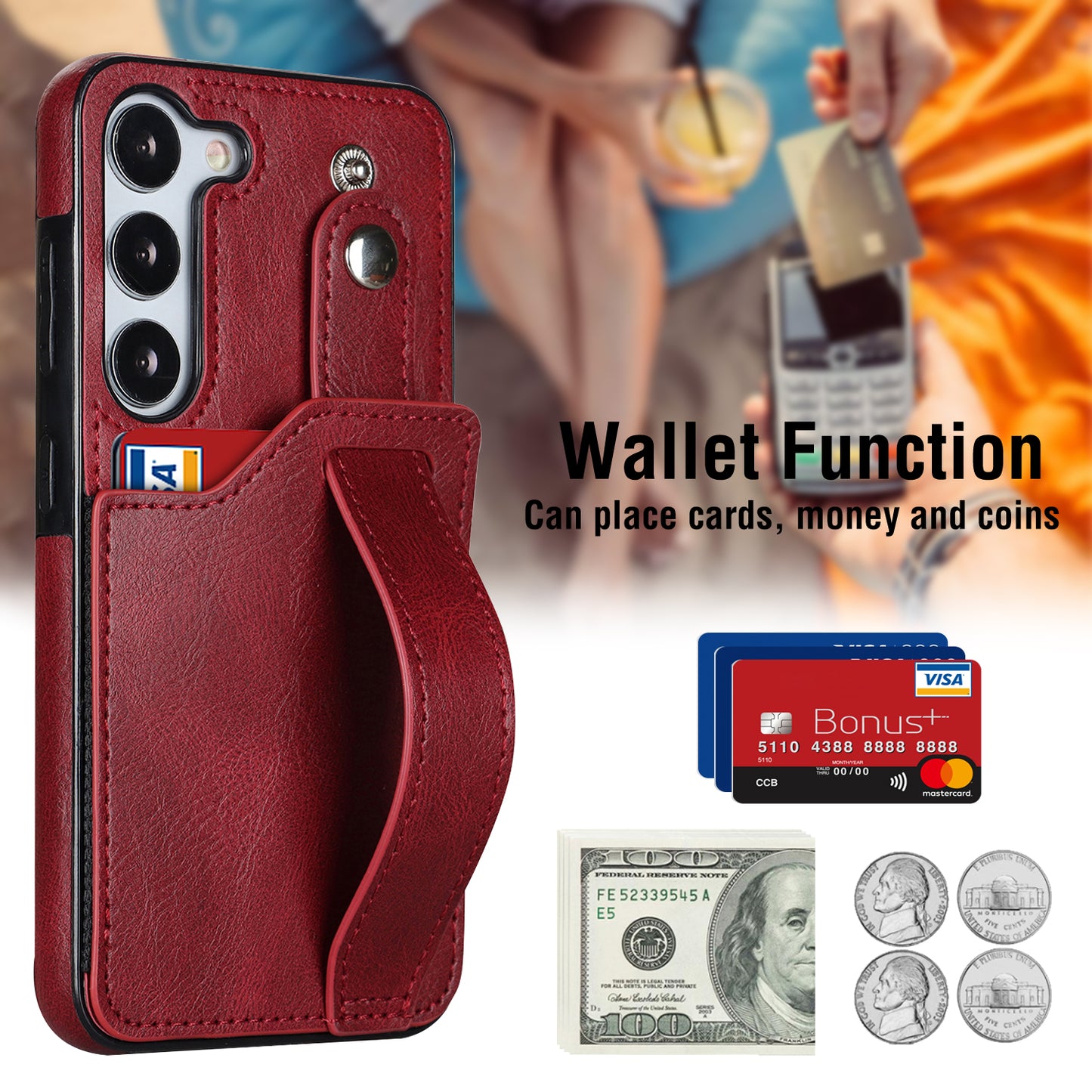 For Samsung Galaxy S24 Cell Phone Case Retro PU Leather Coated TPU RFID Blocking Cover - Red