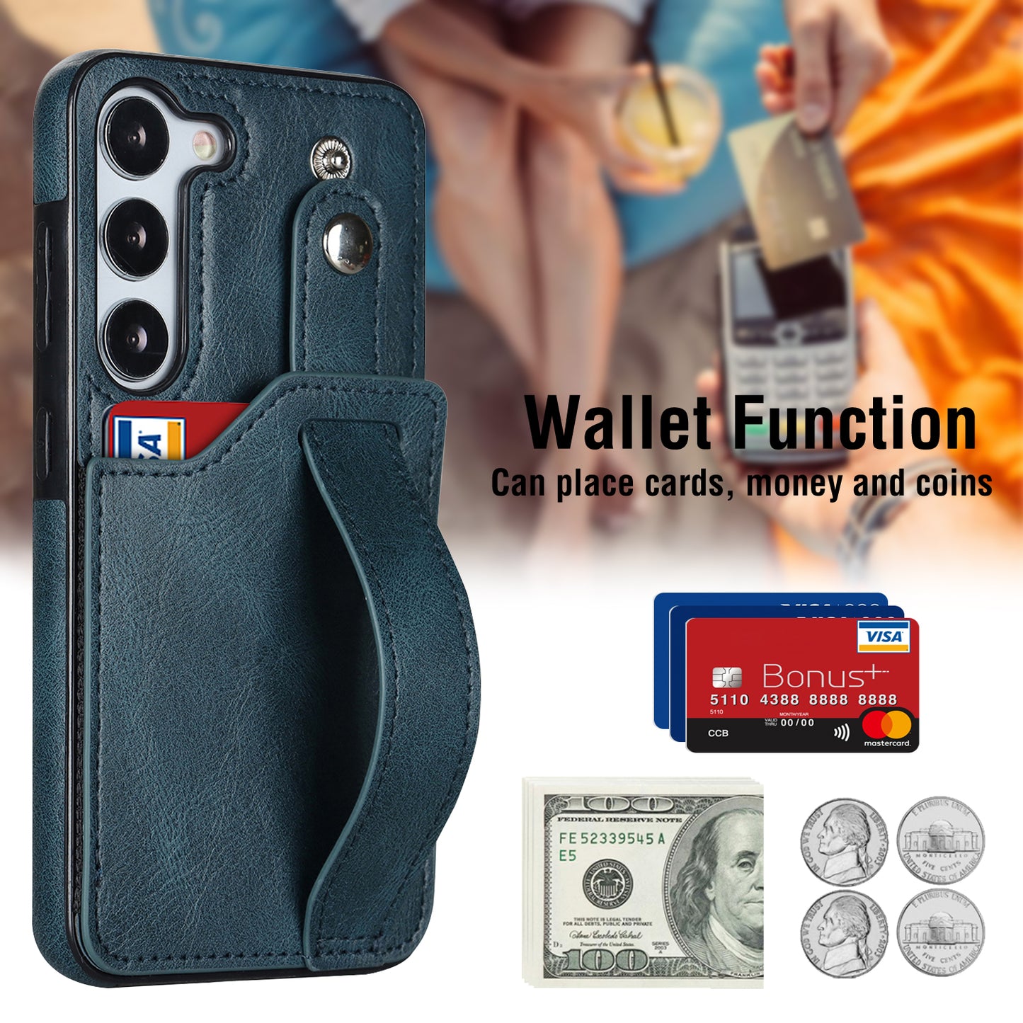 For Samsung Galaxy S24 Cell Phone Case Retro PU Leather Coated TPU RFID Blocking Cover - Blue