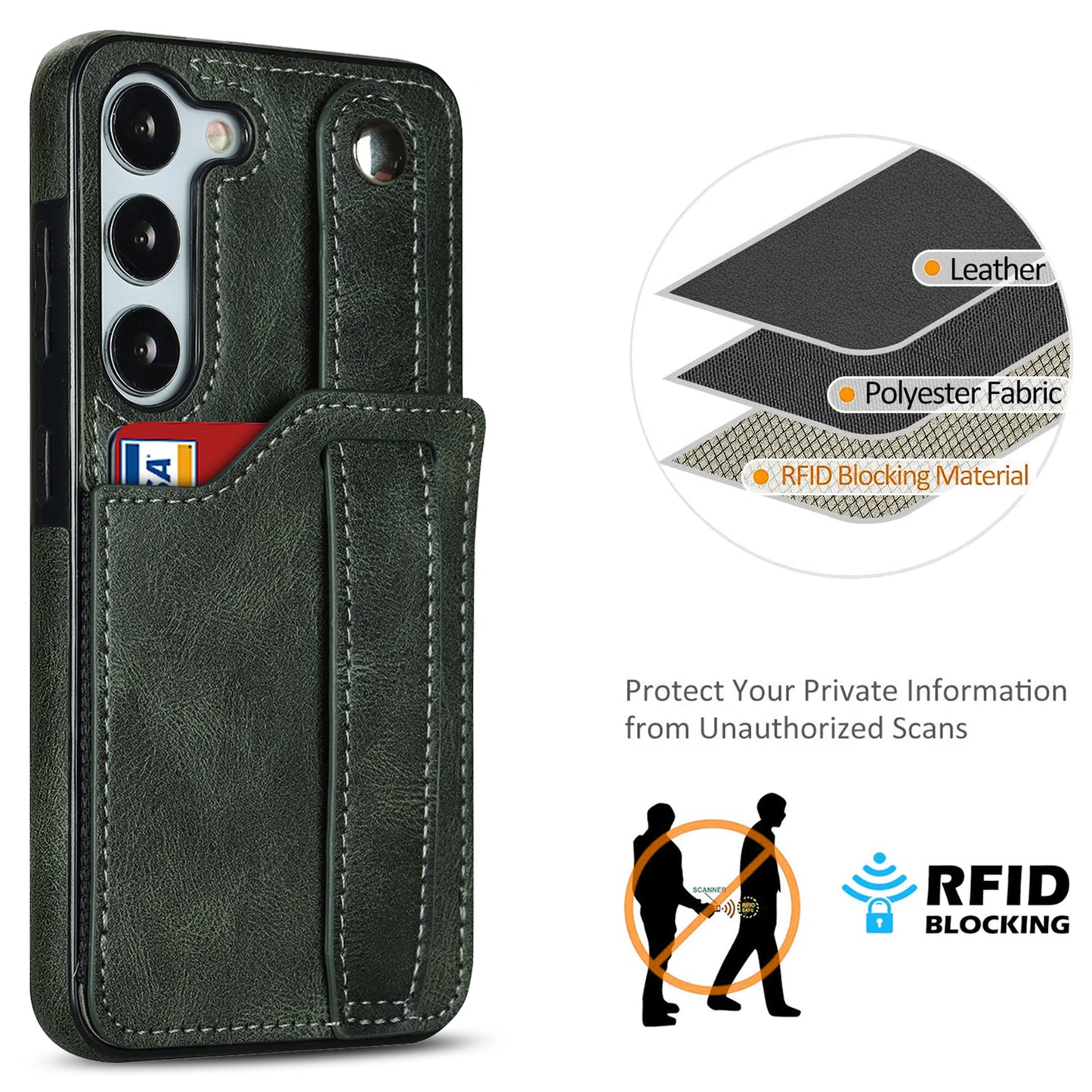 For Samsung Galaxy S24 Cell Phone Case Retro PU Leather Coated TPU RFID Blocking Cover - Green
