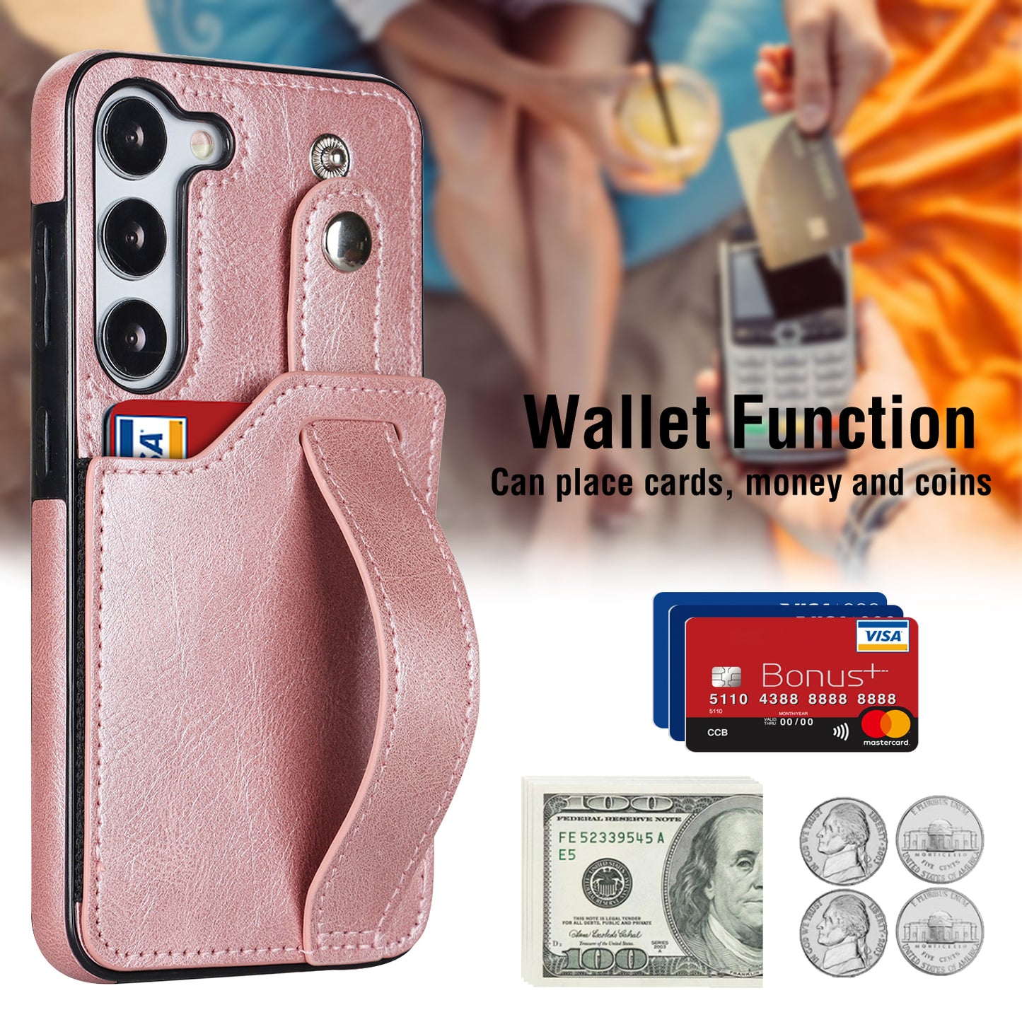 For Samsung Galaxy S24 Cell Phone Case Retro PU Leather Coated TPU RFID Blocking Cover - Rose Gold