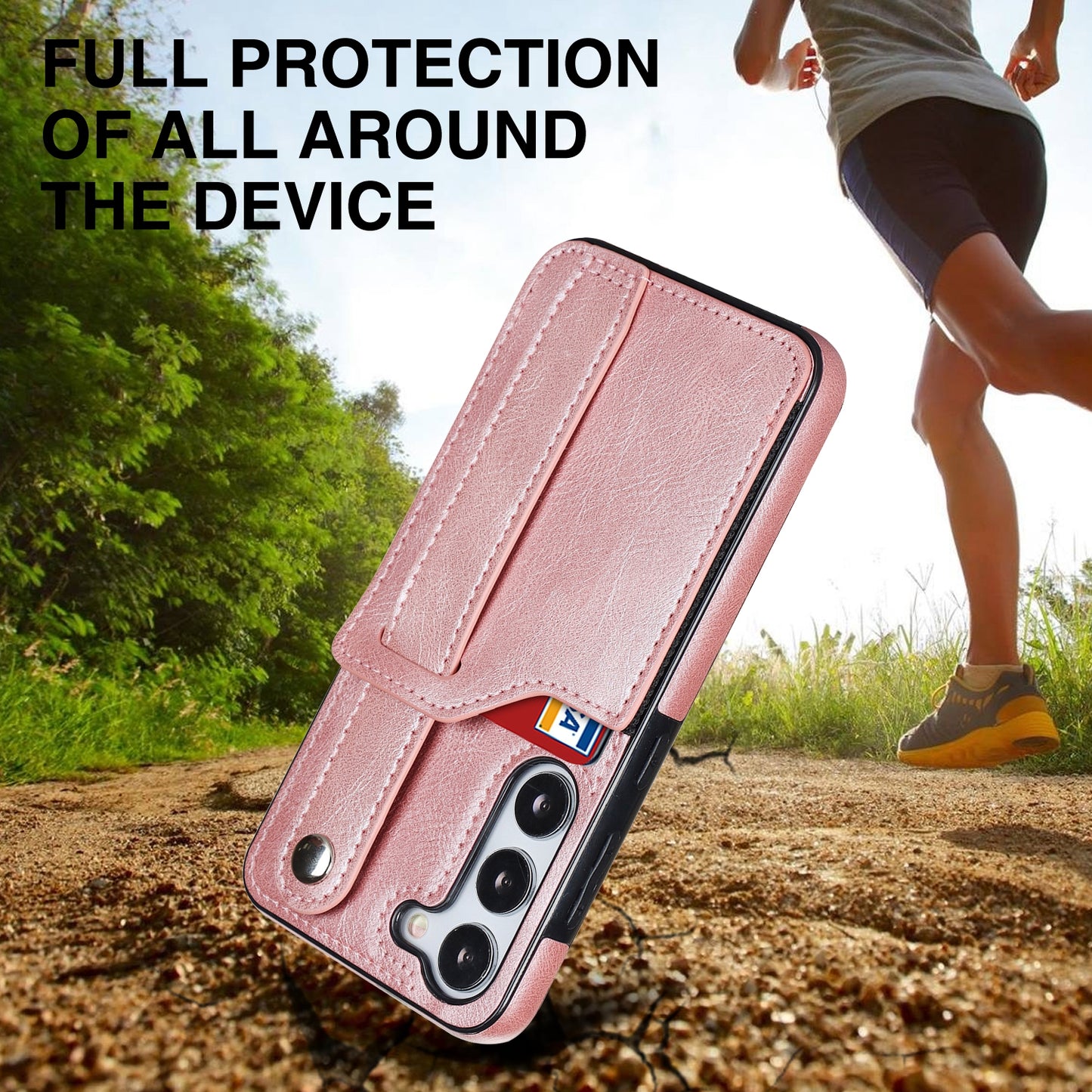 For Samsung Galaxy S24 Cell Phone Case Retro PU Leather Coated TPU RFID Blocking Cover - Rose Gold