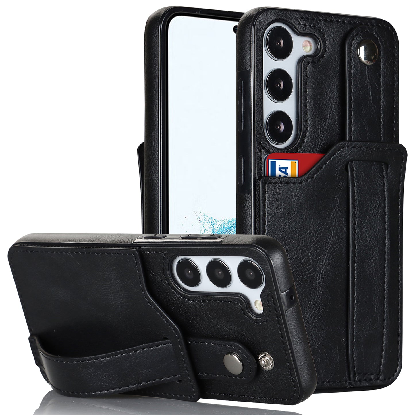 For Samsung Galaxy S24+ Case Retro PU Leather Coated TPU Wristband Kickstand Phone Shell - Black