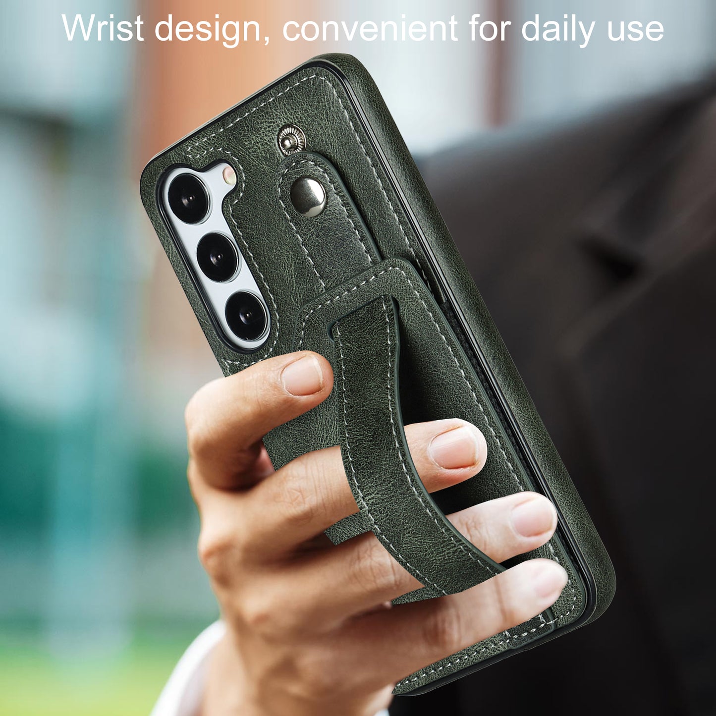 For Samsung Galaxy S24+ Case Retro PU Leather Coated TPU Wristband Kickstand Phone Shell - Green