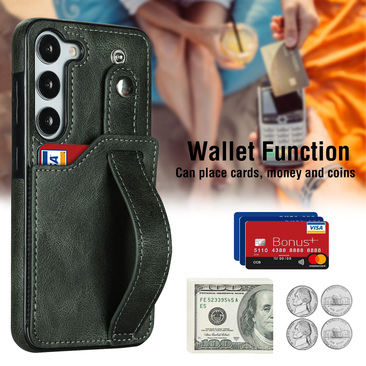 For Samsung Galaxy S24+ Case Retro PU Leather Coated TPU Wristband Kickstand Phone Shell - Green