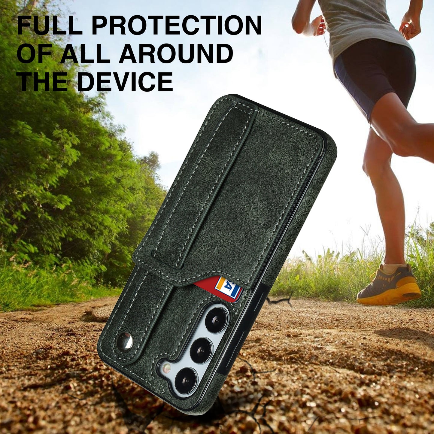 For Samsung Galaxy S24+ Case Retro PU Leather Coated TPU Wristband Kickstand Phone Shell - Green