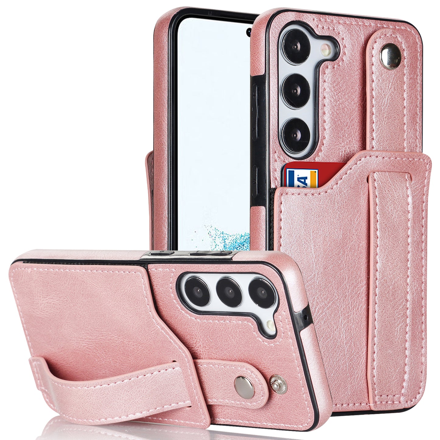 For Samsung Galaxy S24+ Case Retro PU Leather Coated TPU Wristband Kickstand Phone Shell - Rose Gold