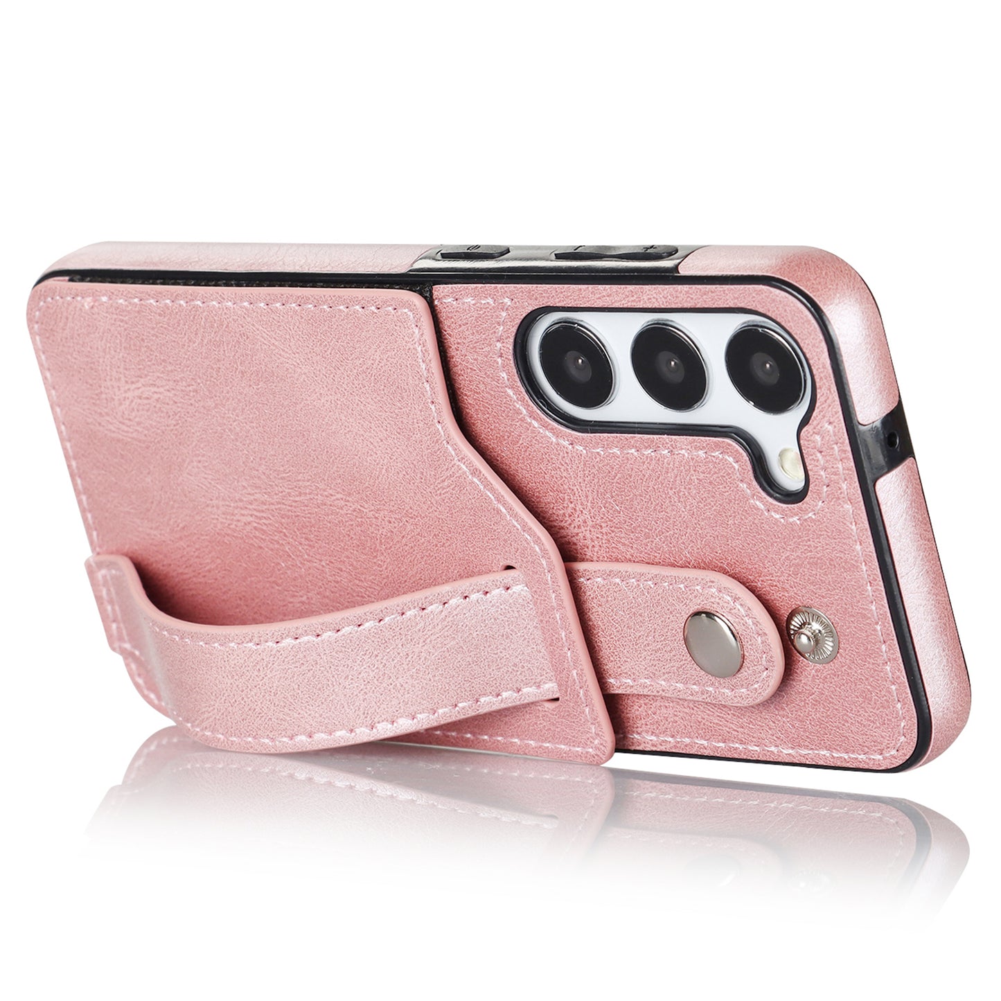 For Samsung Galaxy S24+ Case Retro PU Leather Coated TPU Wristband Kickstand Phone Shell - Rose Gold