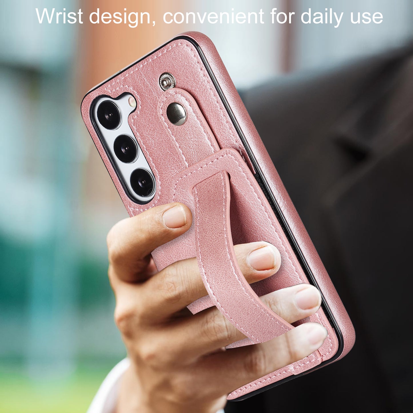 For Samsung Galaxy S24+ Case Retro PU Leather Coated TPU Wristband Kickstand Phone Shell - Rose Gold
