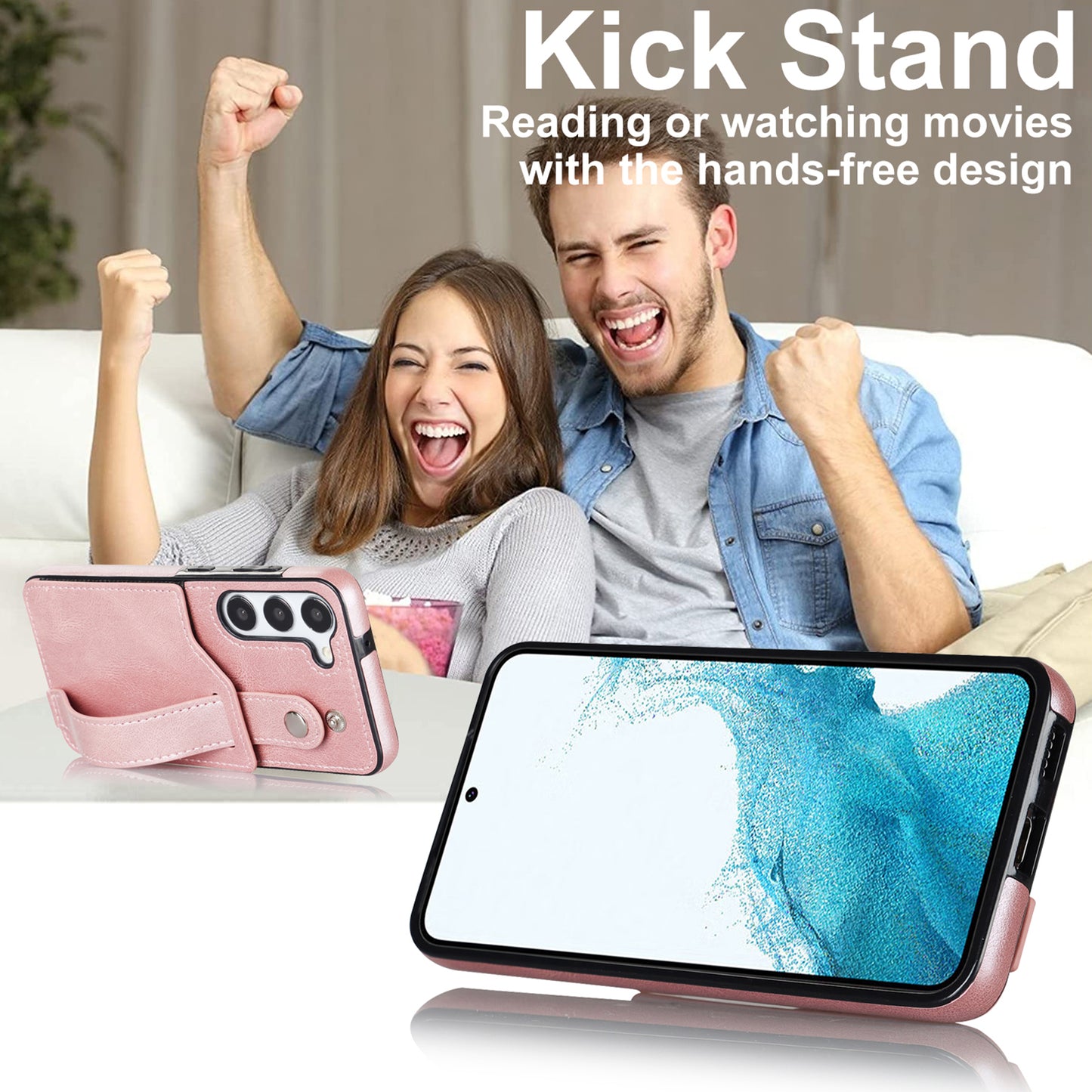 For Samsung Galaxy S24+ Case Retro PU Leather Coated TPU Wristband Kickstand Phone Shell - Rose Gold