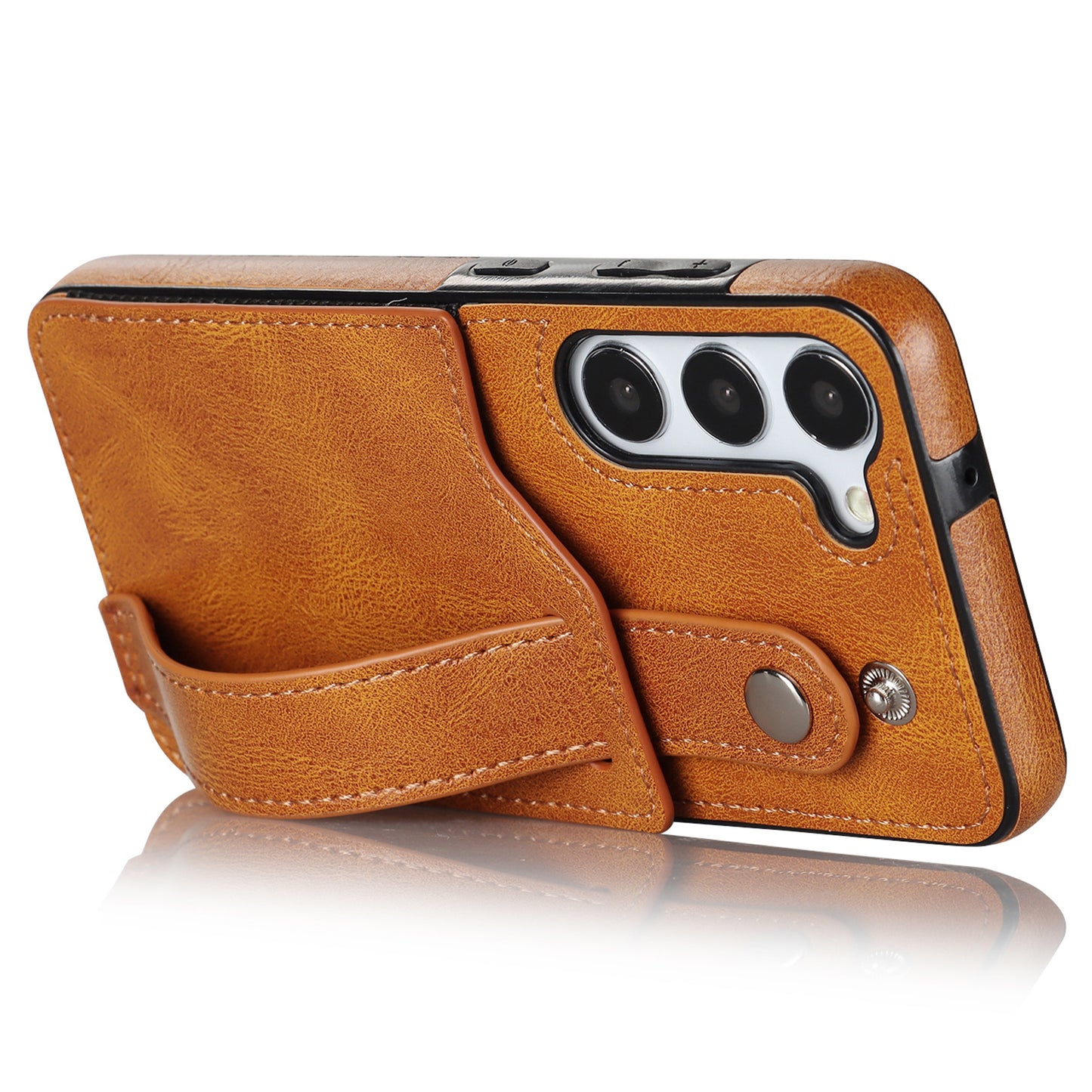 For Samsung Galaxy S24+ Case Retro PU Leather Coated TPU Wristband Kickstand Phone Shell - Yellow