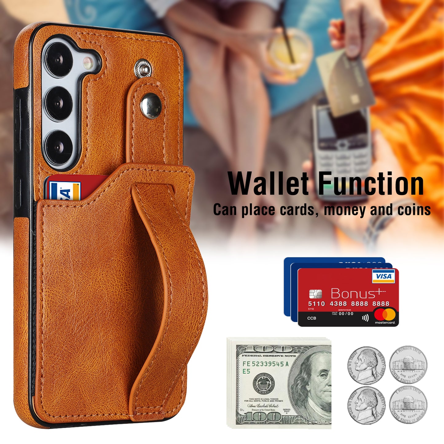 For Samsung Galaxy S24+ Case Retro PU Leather Coated TPU Wristband Kickstand Phone Shell - Yellow