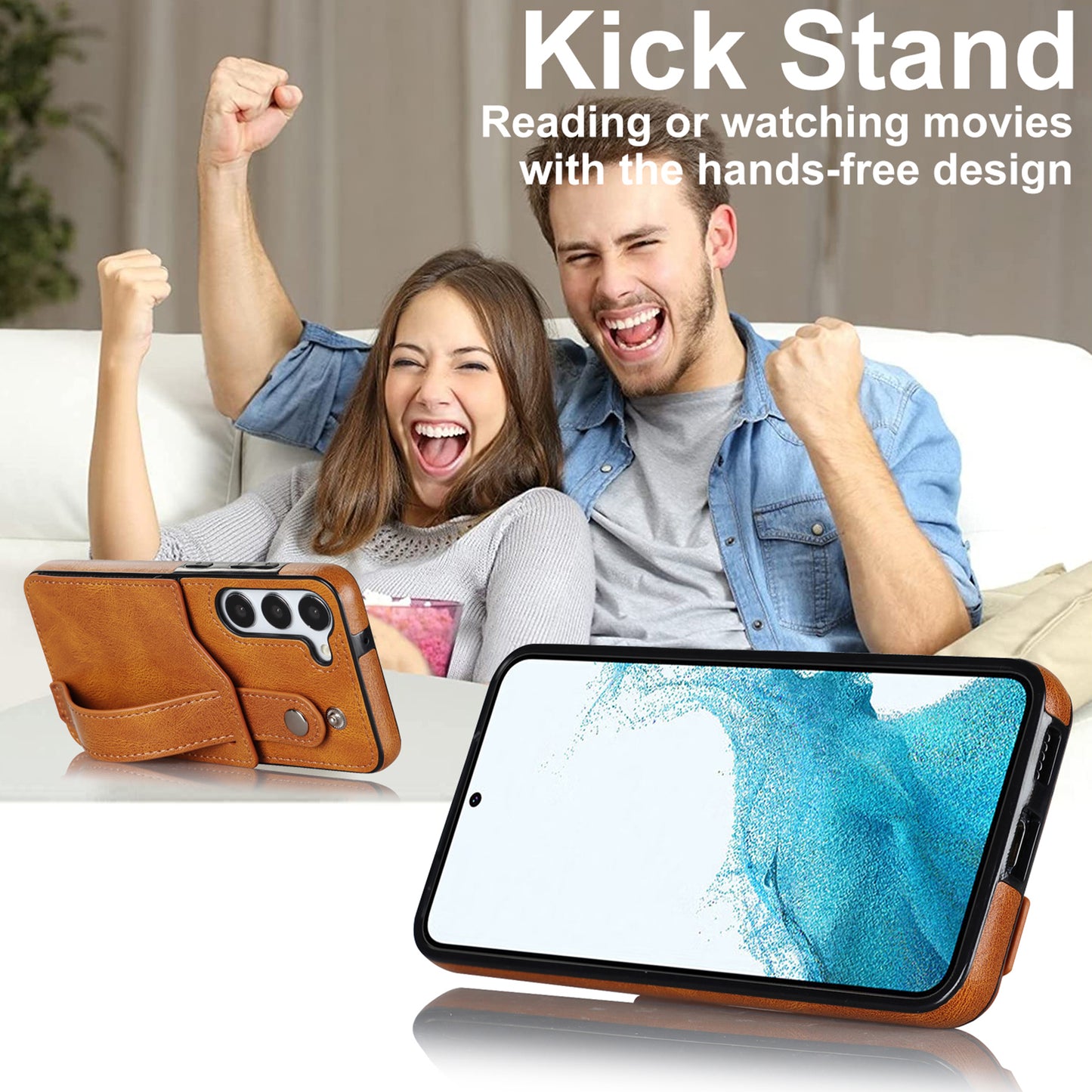 For Samsung Galaxy S24+ Case Retro PU Leather Coated TPU Wristband Kickstand Phone Shell - Yellow