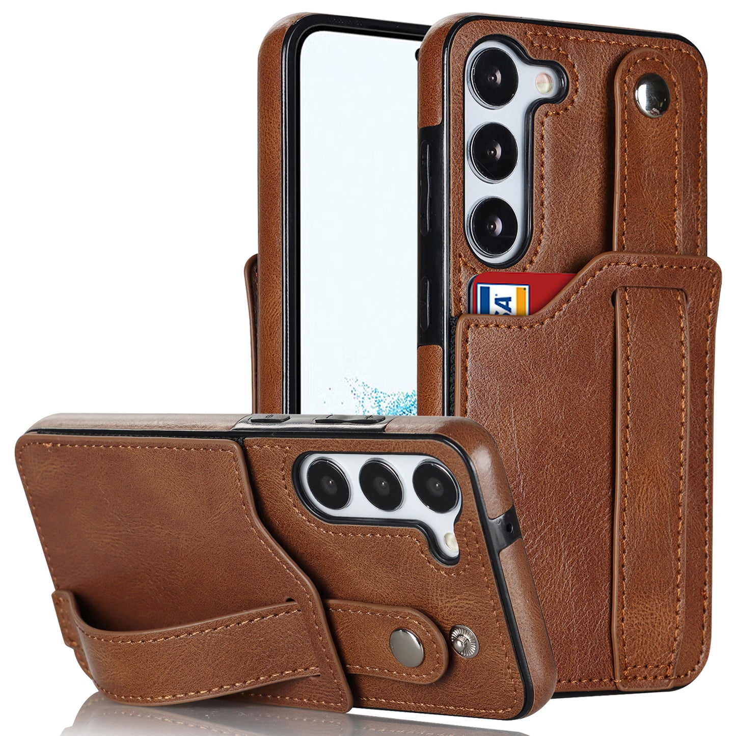 For Samsung Galaxy S24+ Case Retro PU Leather Coated TPU Wristband Kickstand Phone Shell - Brown