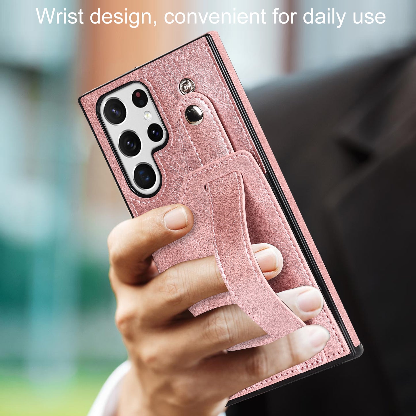 PU Leather Case for Samsung Galaxy S24 Ultra Shell Retro RFID Blocking Wristband Phone Cover - Rose Gold