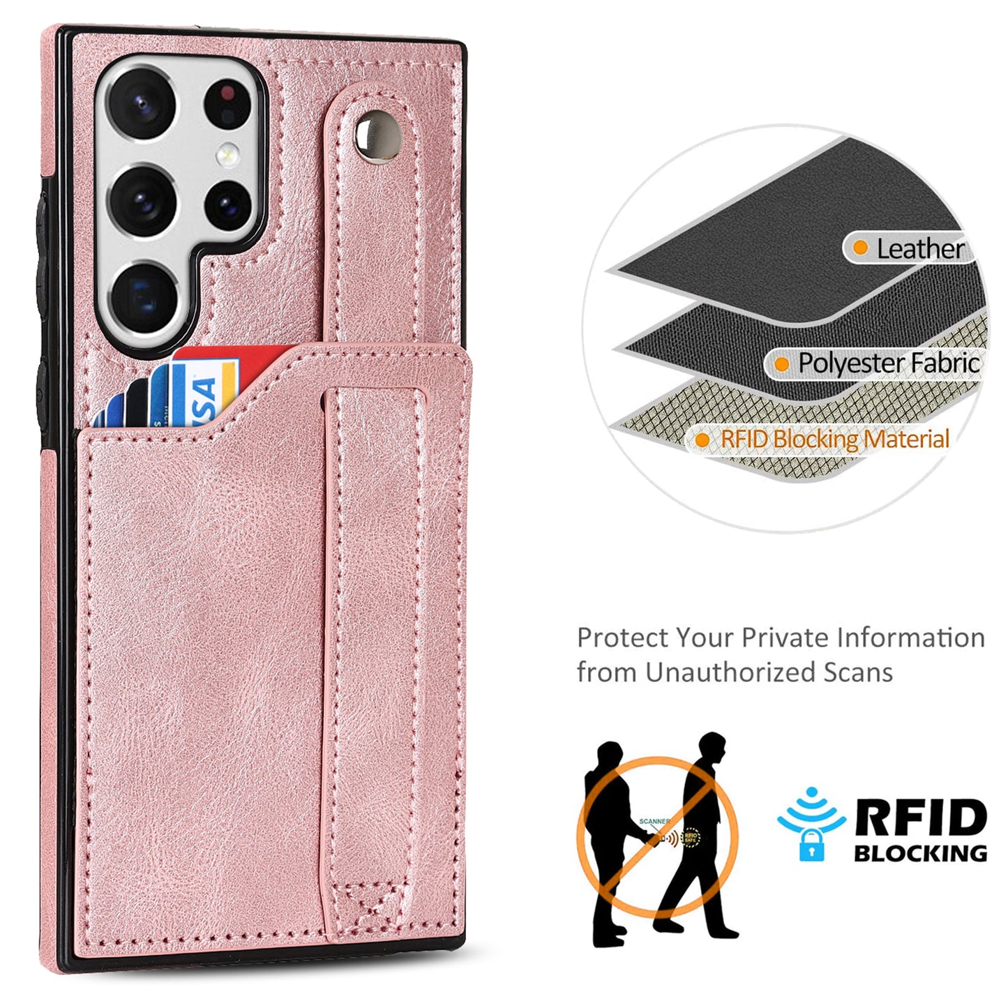 PU Leather Case for Samsung Galaxy S24 Ultra Shell Retro RFID Blocking Wristband Phone Cover - Rose Gold