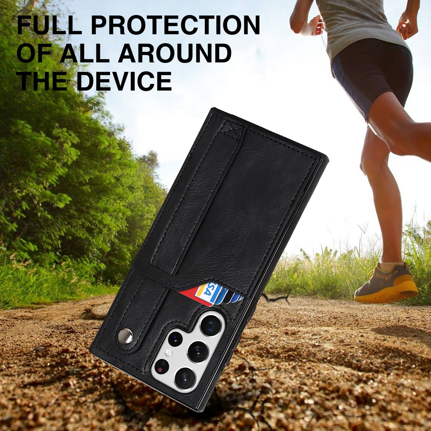 PU Leather Case for Samsung Galaxy S24 Ultra Shell Retro RFID Blocking Wristband Phone Cover - Black