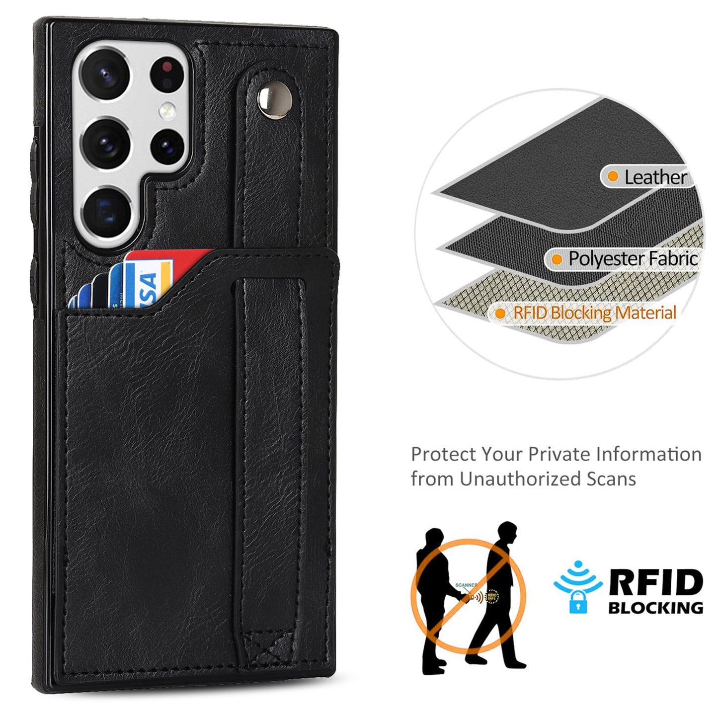 PU Leather Case for Samsung Galaxy S24 Ultra Shell Retro RFID Blocking Wristband Phone Cover - Black