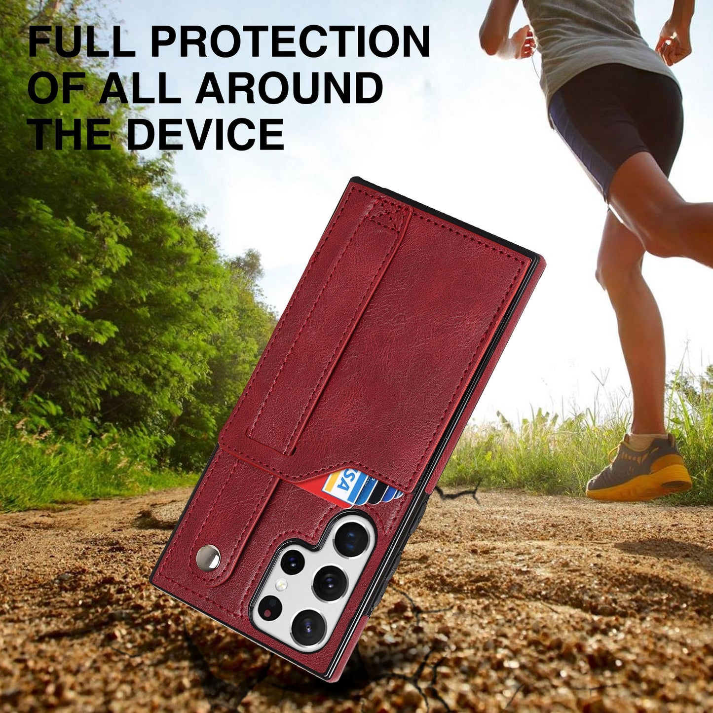 PU Leather Case for Samsung Galaxy S24 Ultra Shell Retro RFID Blocking Wristband Phone Cover - Red