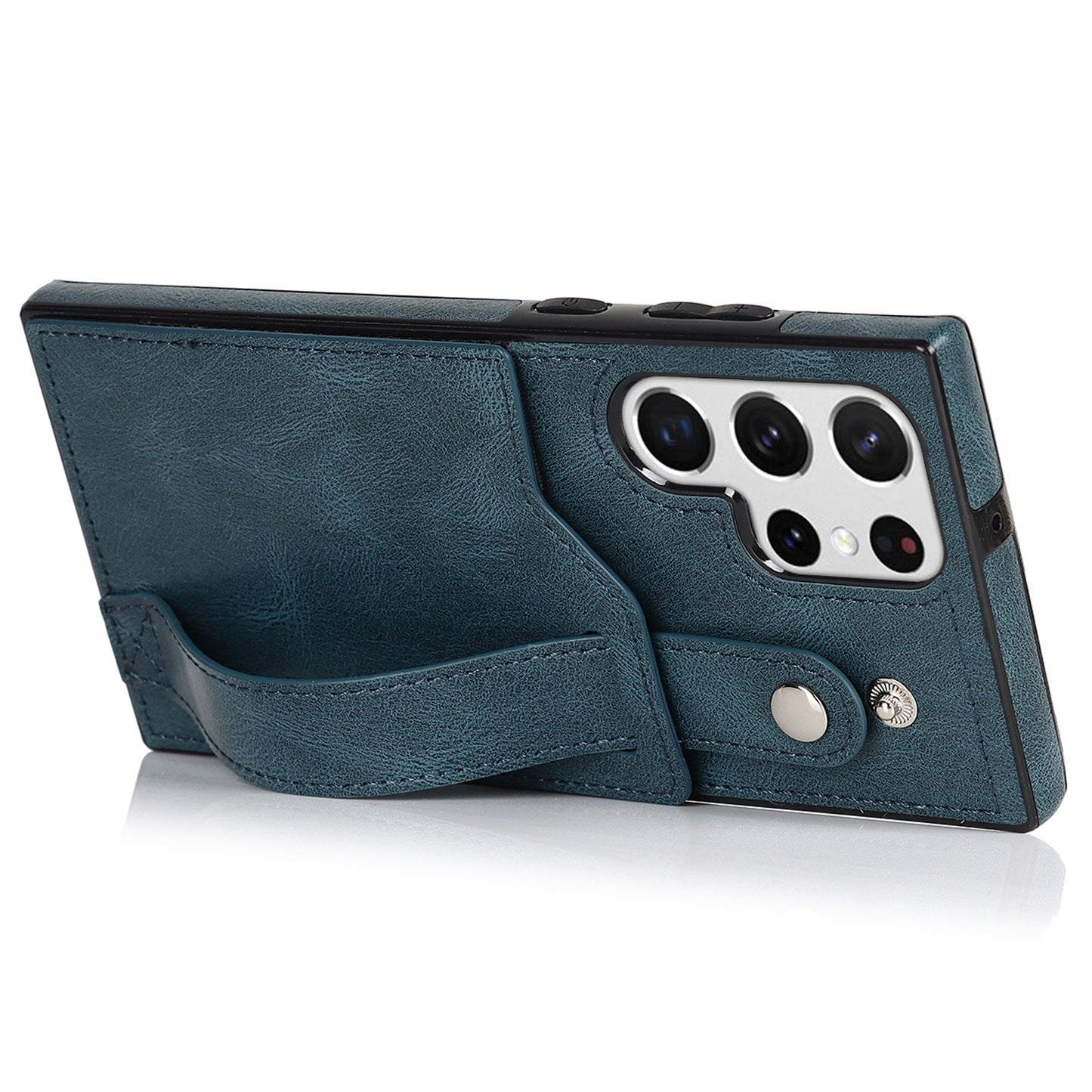 PU Leather Case for Samsung Galaxy S24 Ultra Shell Retro RFID Blocking Wristband Phone Cover - Blue