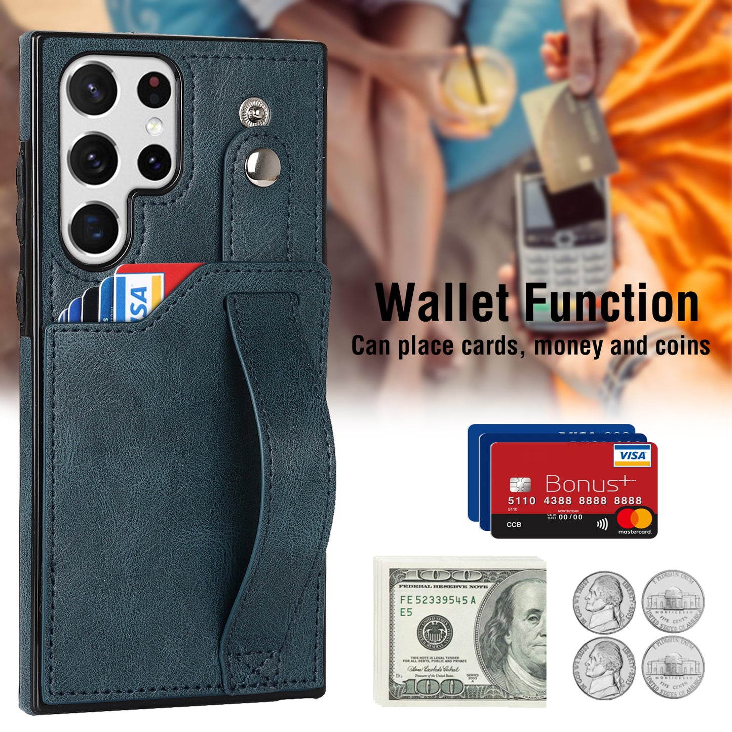 PU Leather Case for Samsung Galaxy S24 Ultra Shell Retro RFID Blocking Wristband Phone Cover - Blue