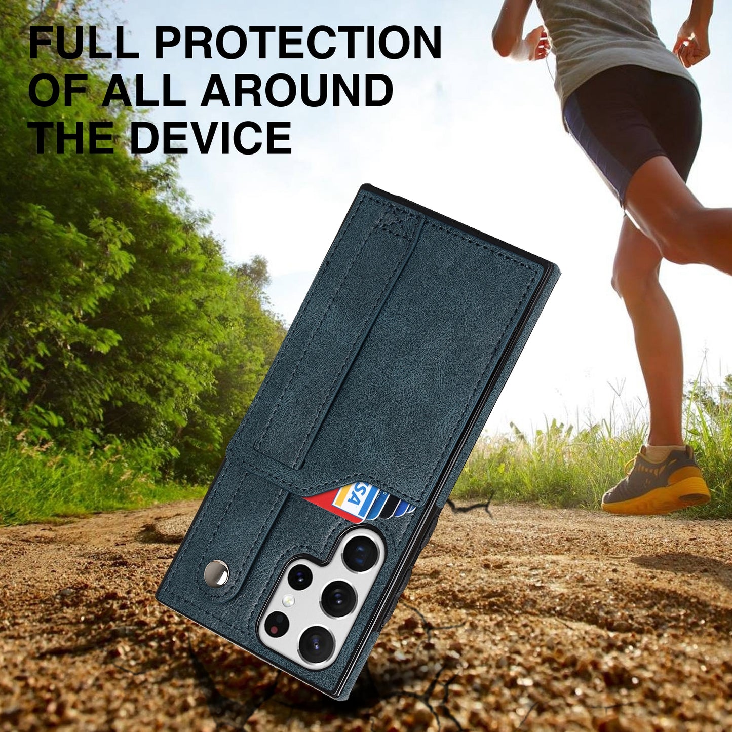 PU Leather Case for Samsung Galaxy S24 Ultra Shell Retro RFID Blocking Wristband Phone Cover - Blue