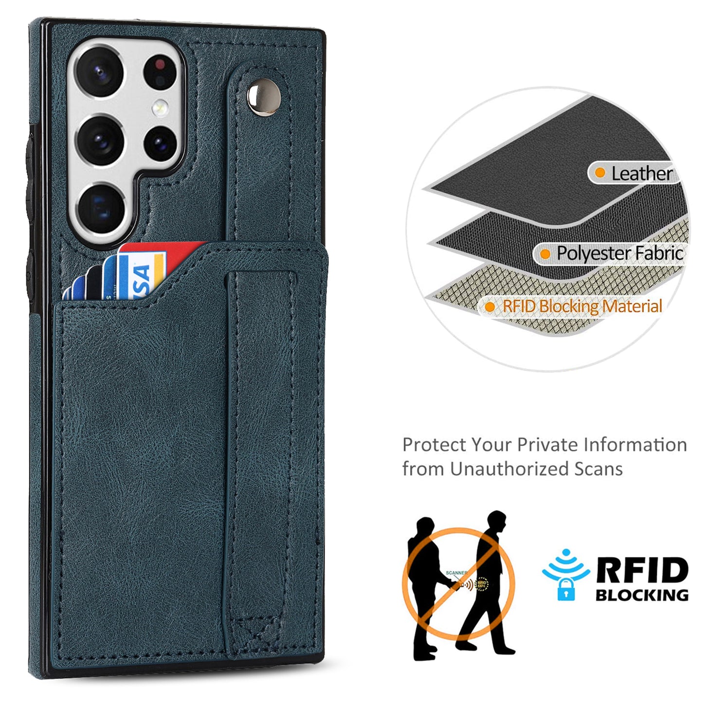PU Leather Case for Samsung Galaxy S24 Ultra Shell Retro RFID Blocking Wristband Phone Cover - Blue