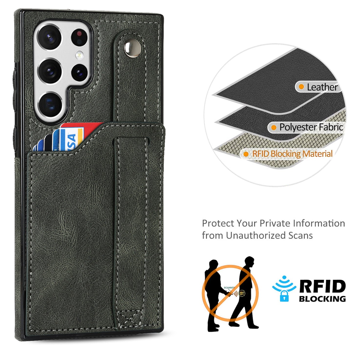 PU Leather Case for Samsung Galaxy S24 Ultra Shell Retro RFID Blocking Wristband Phone Cover - Green