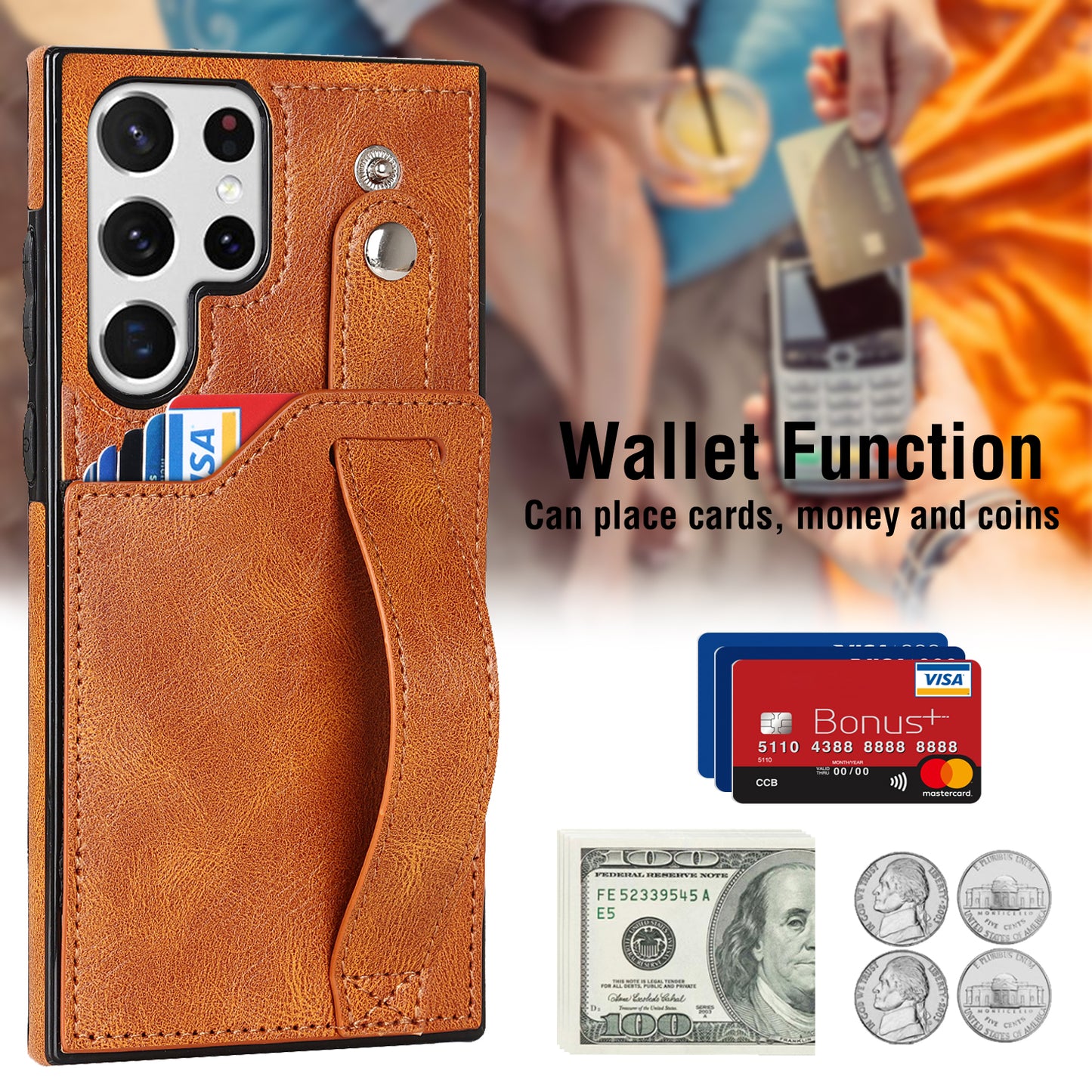 PU Leather Case for Samsung Galaxy S24 Ultra Shell Retro RFID Blocking Wristband Phone Cover - Yellow