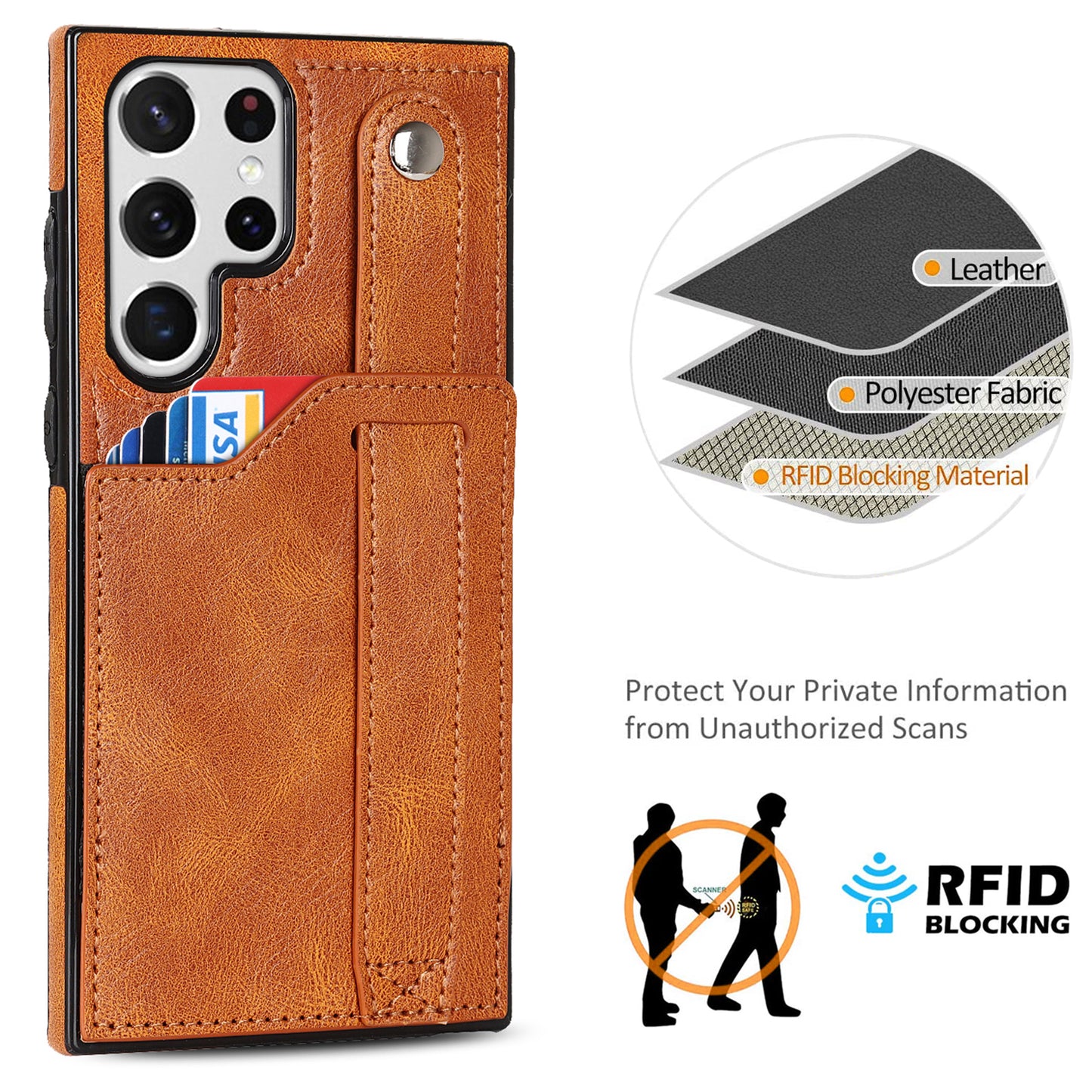 PU Leather Case for Samsung Galaxy S24 Ultra Shell Retro RFID Blocking Wristband Phone Cover - Yellow