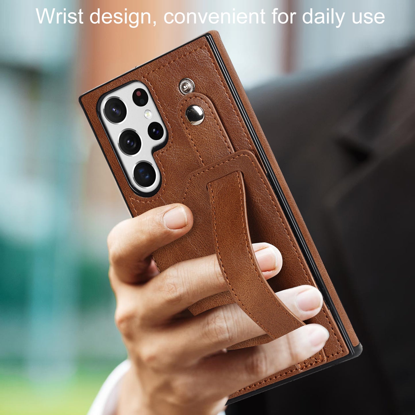 PU Leather Case for Samsung Galaxy S24 Ultra Shell Retro RFID Blocking Wristband Phone Cover - Brown