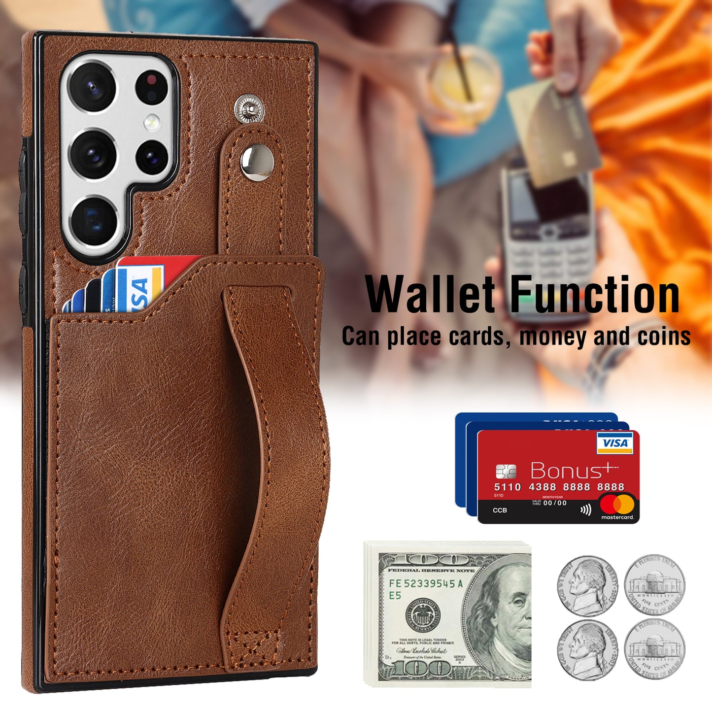 PU Leather Case for Samsung Galaxy S24 Ultra Shell Retro RFID Blocking Wristband Phone Cover - Brown