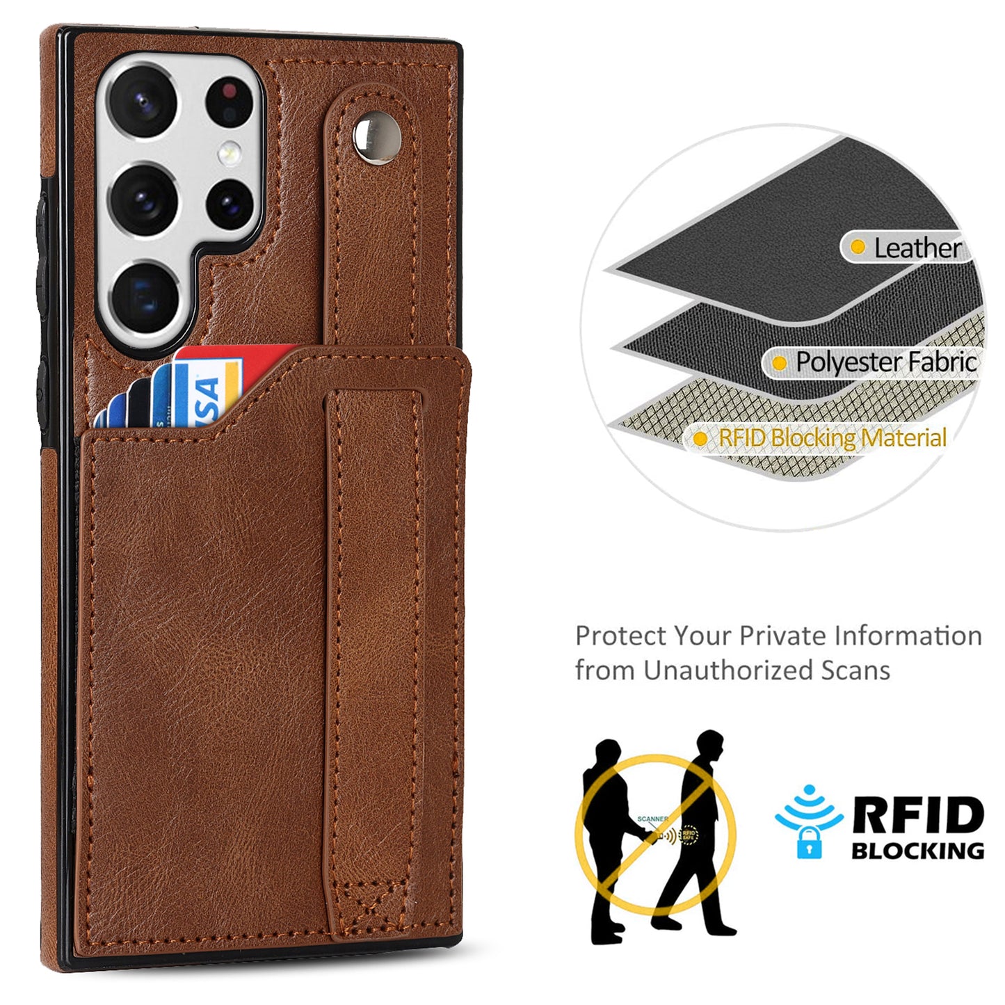 PU Leather Case for Samsung Galaxy S24 Ultra Shell Retro RFID Blocking Wristband Phone Cover - Brown