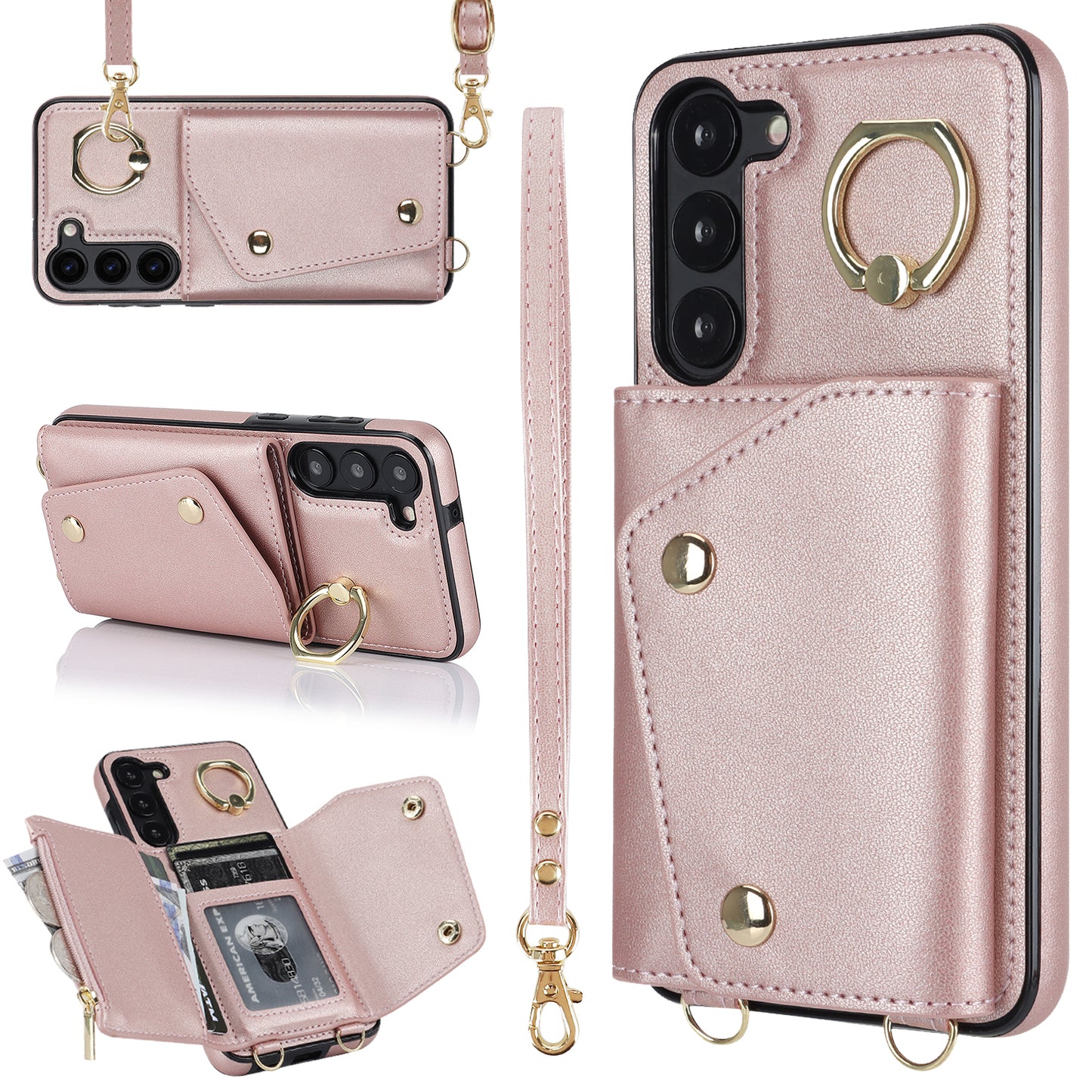 For Samsung Galaxy S24+ Case Zipper Wallet Kickstand Phone Cover with Crossbody Strap - Rose Gold