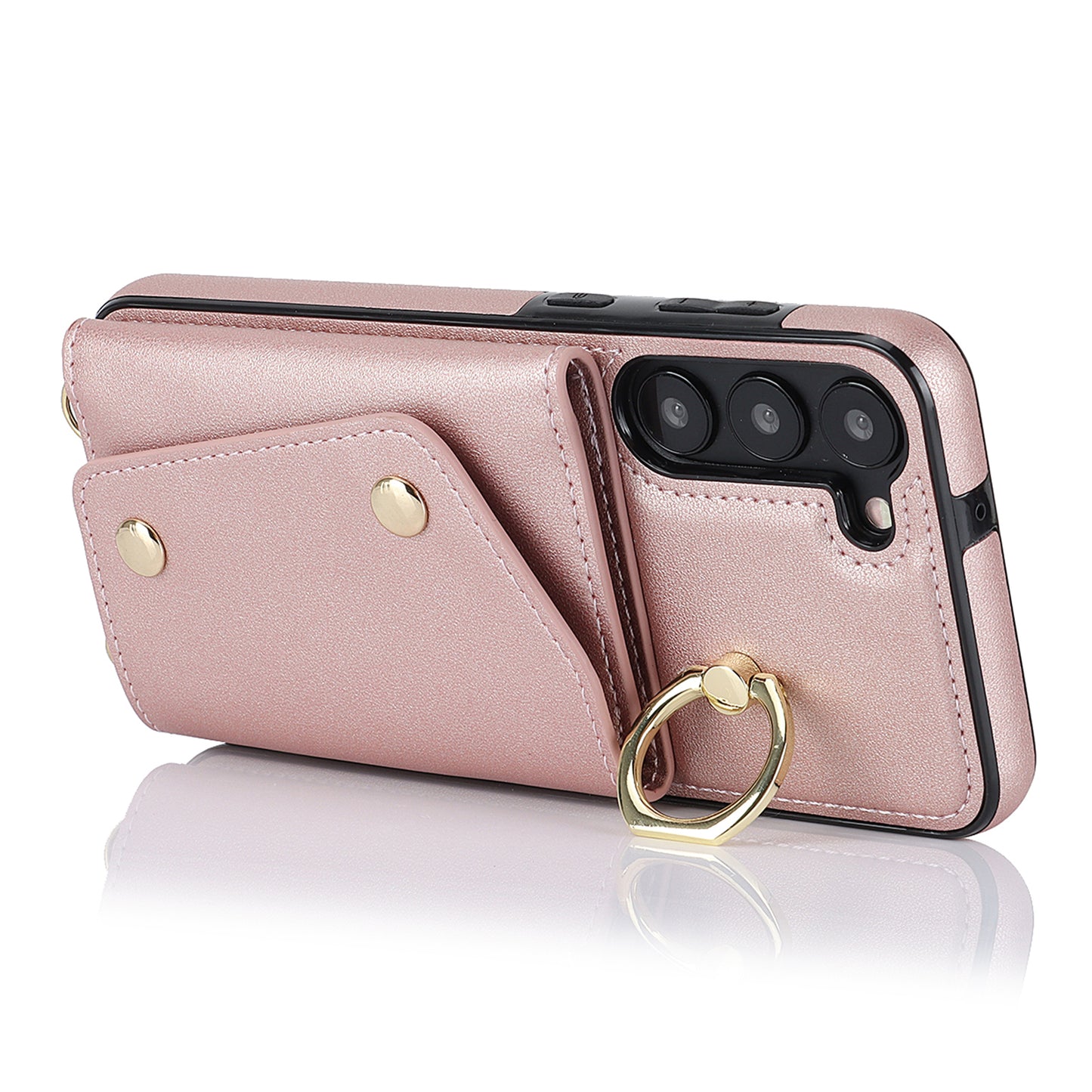 For Samsung Galaxy S24+ Case Zipper Wallet Kickstand Phone Cover with Crossbody Strap - Rose Gold