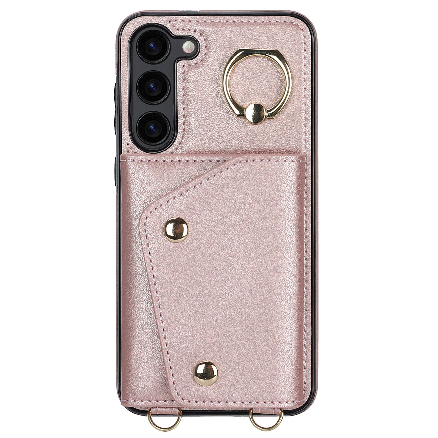 For Samsung Galaxy S24+ Case Zipper Wallet Kickstand Phone Cover with Crossbody Strap - Rose Gold